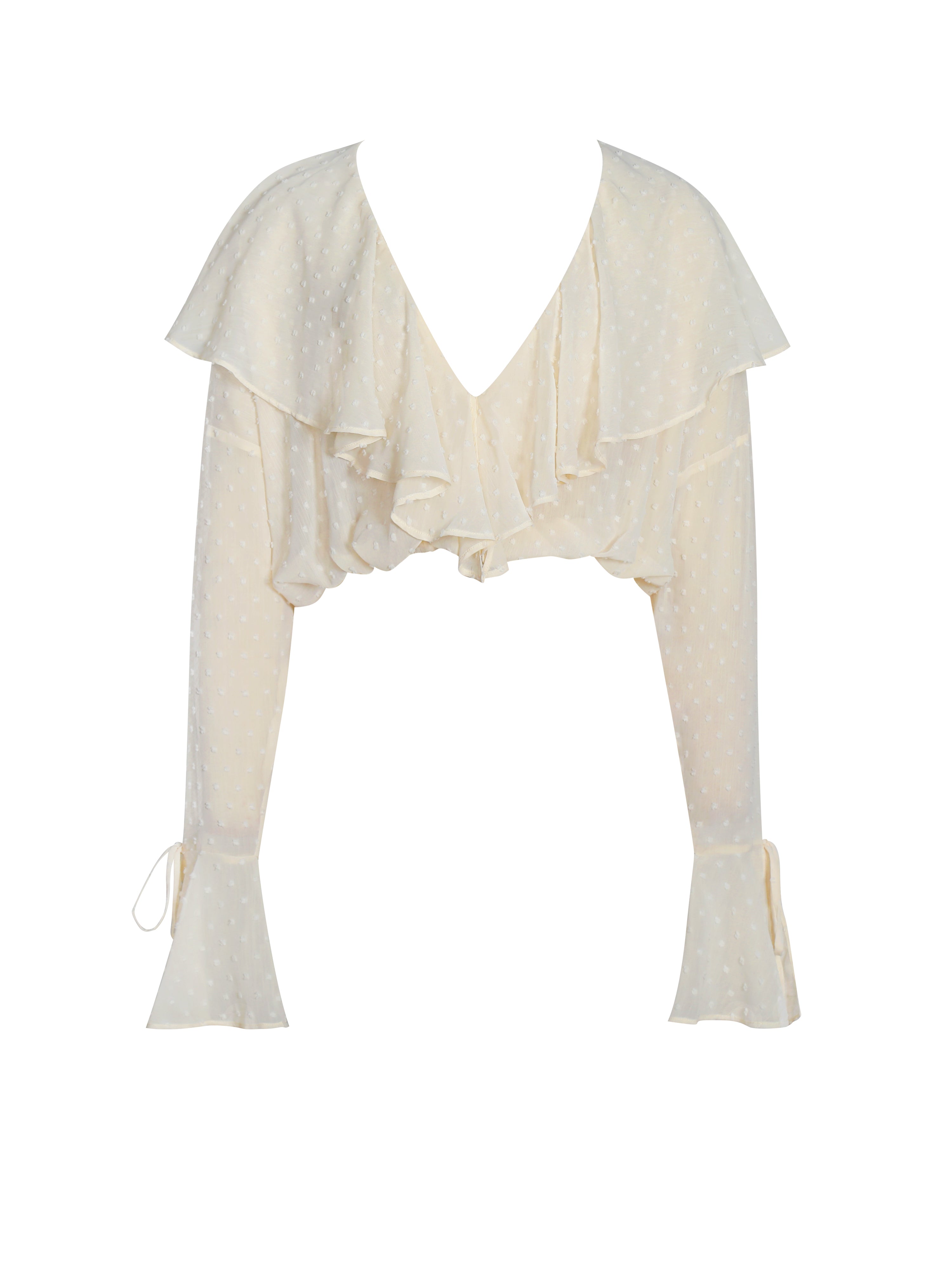 Magali Beige Dotted Mesh Ruffle V Collar Top