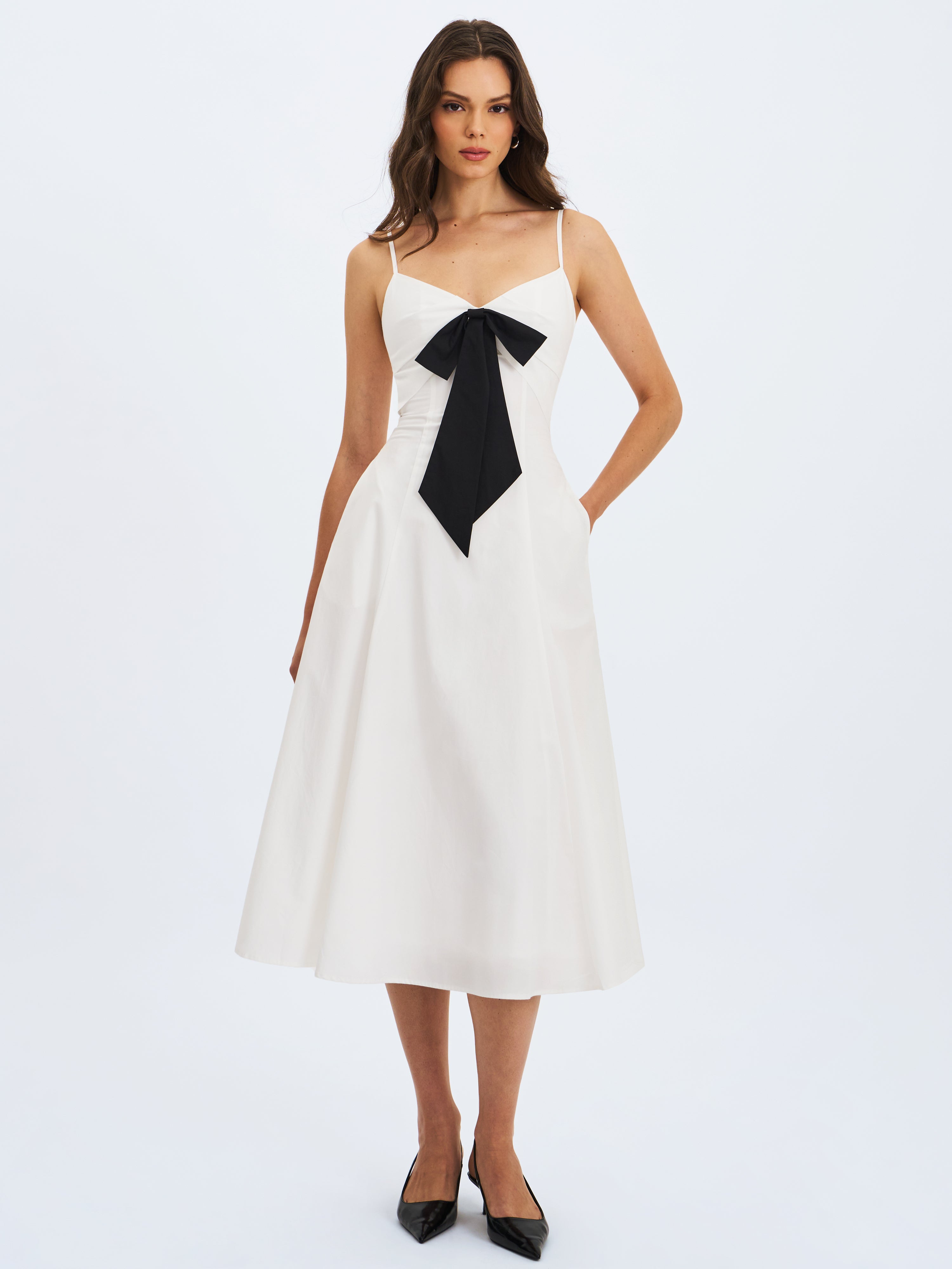 Corinne White Poplin Flared Maxi Dress with Removable Bow