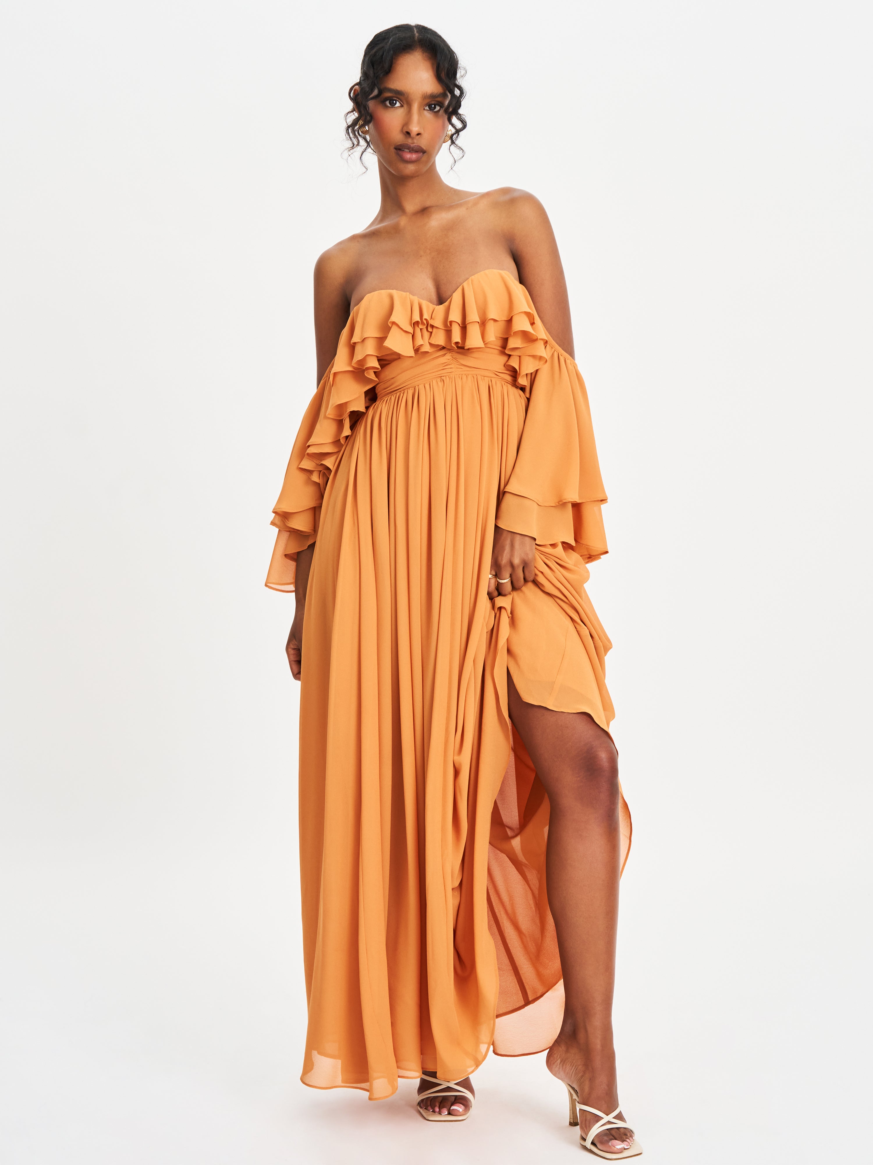 Kaela Brickwork Off Shoulder Chiffon Maxi Dress