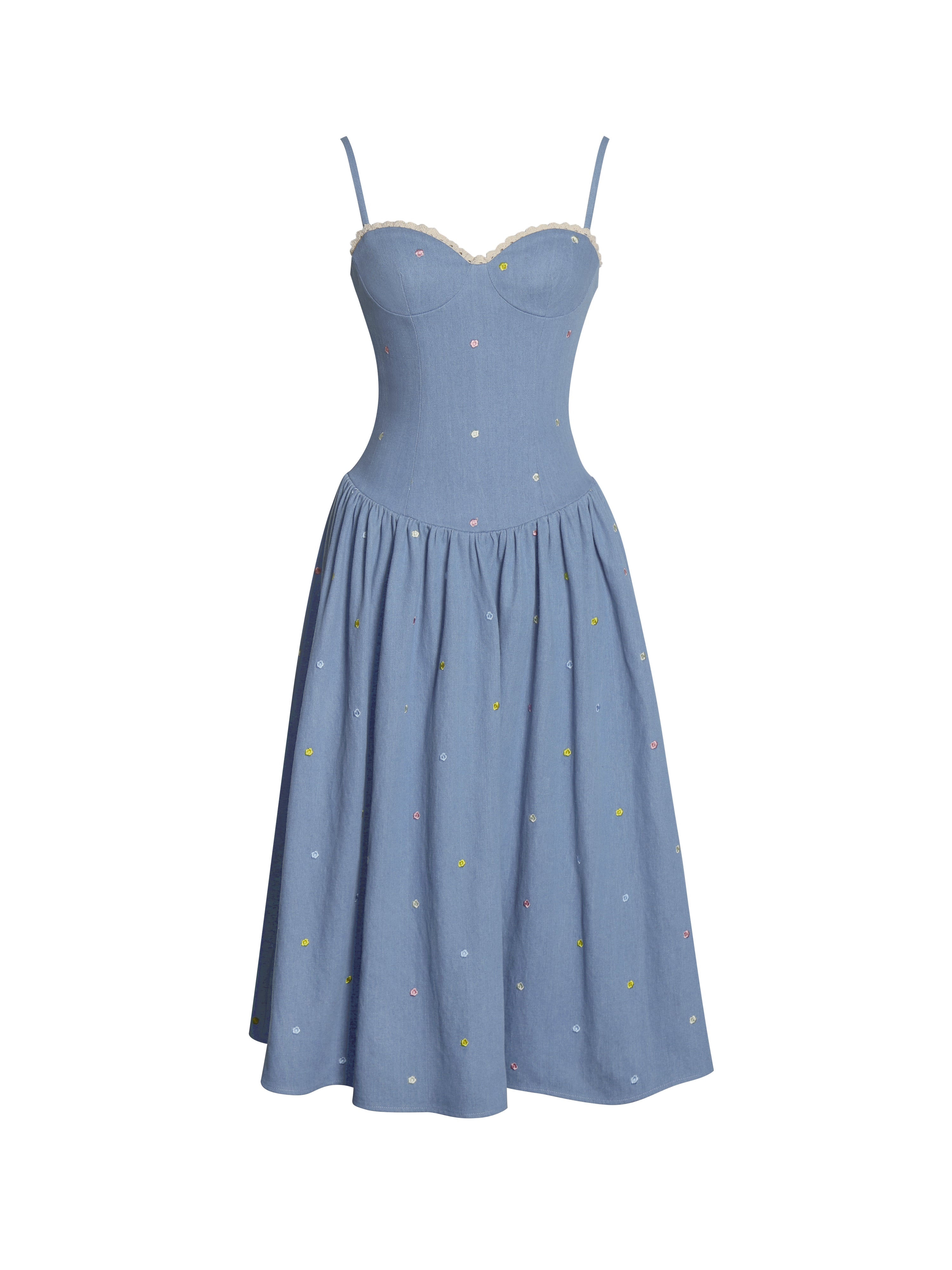 Zadie Cotton Denim Drop Waist Embroidery Flower Midi Dress