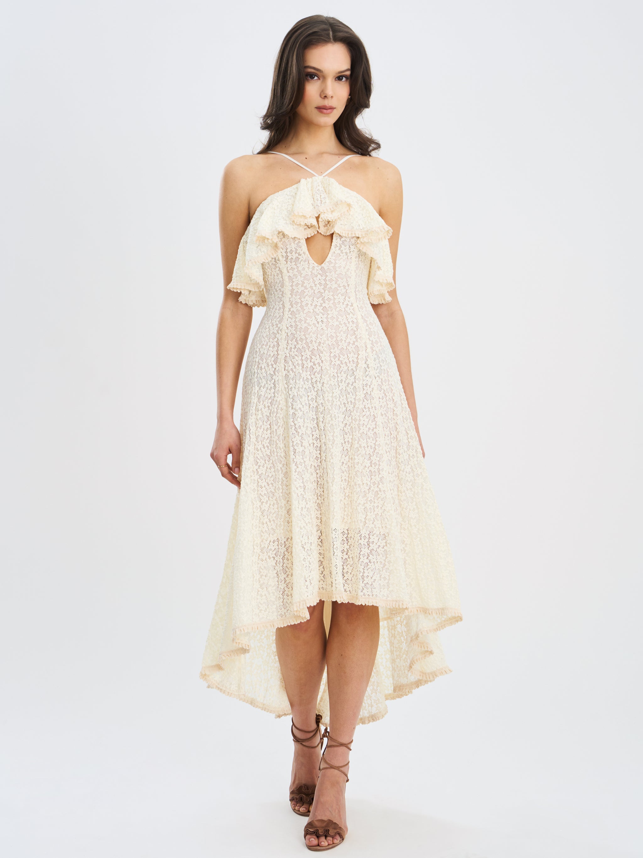 cream lace trim pleated midi dress PLEATED LACE MIDI DRESS - Beige marl