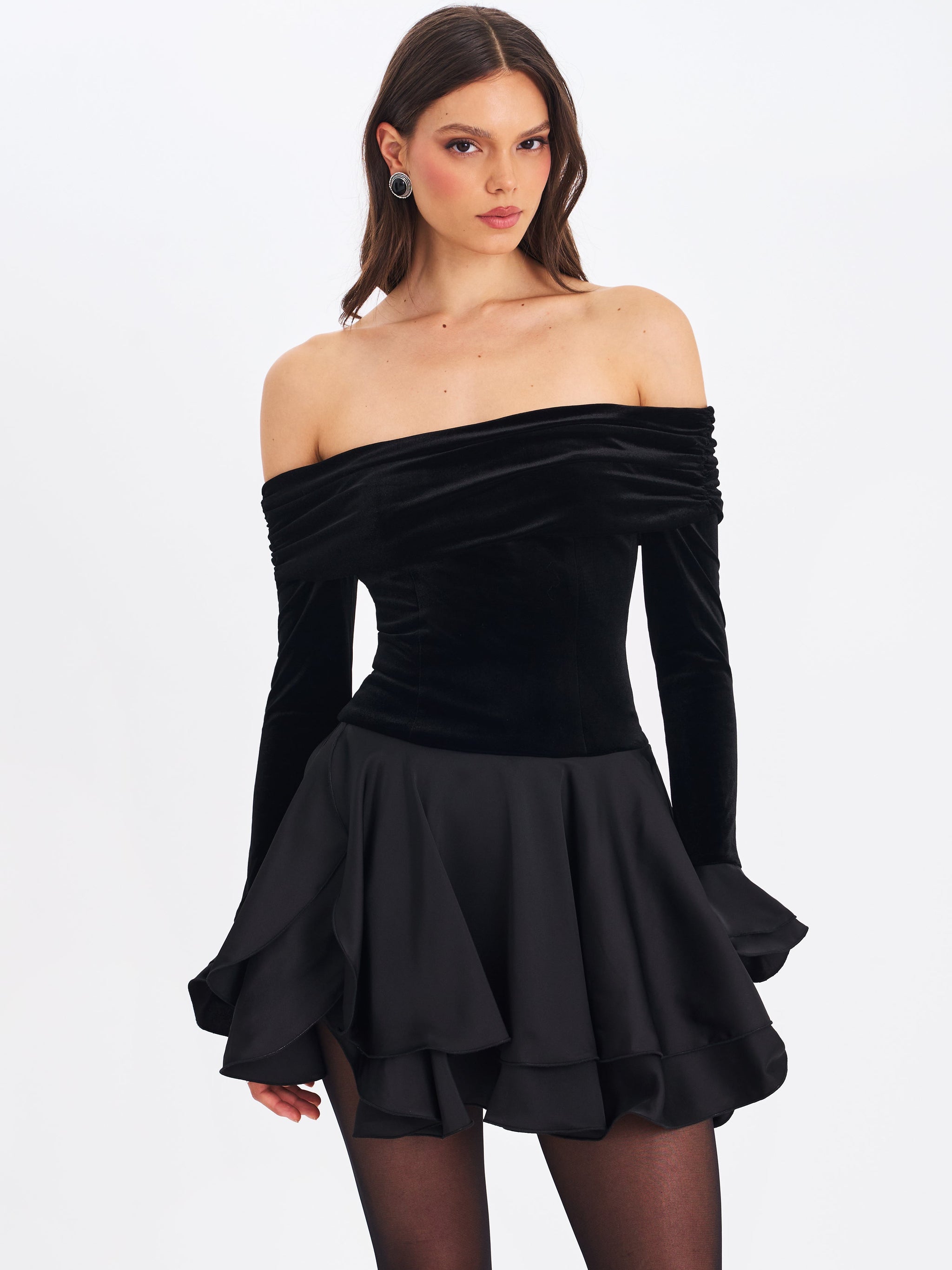 Miss Circle Magnolia Black Off-Shoulder Layered Satin Mini Dress S