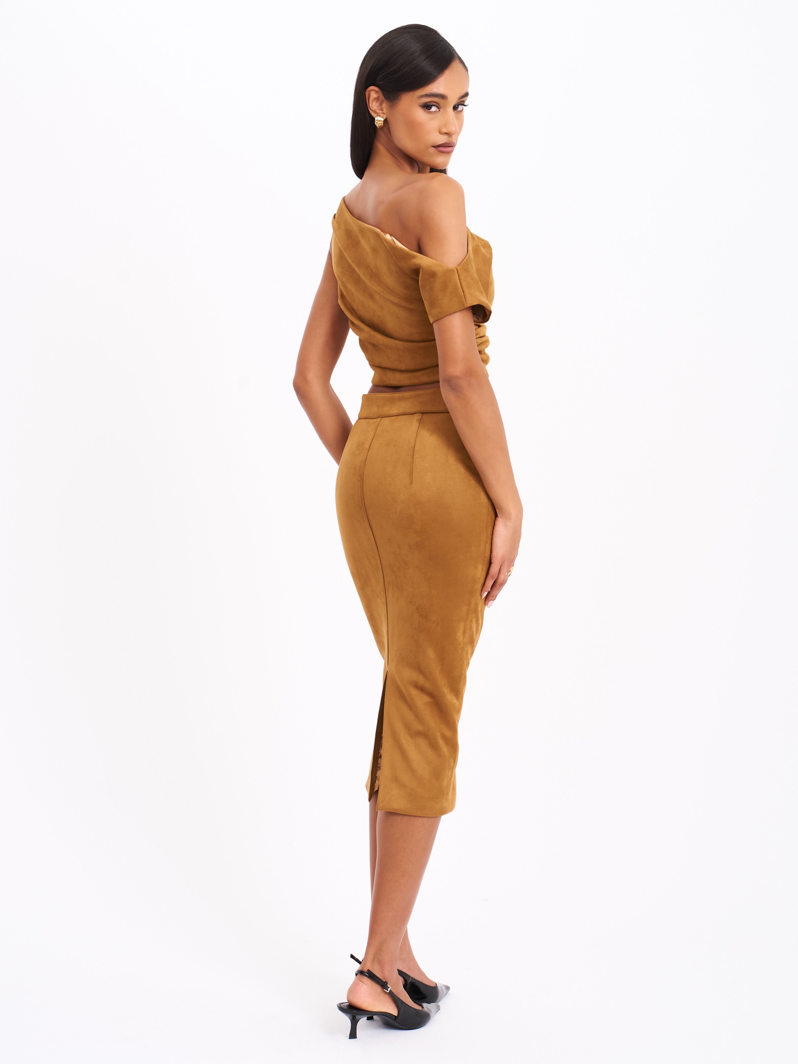 Zabrina Brown Suede Straight Pencil Skirt