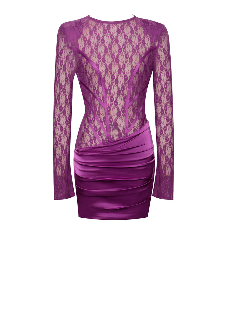 Quartney Purple Long Sleeve Lace Satin Mini Dress