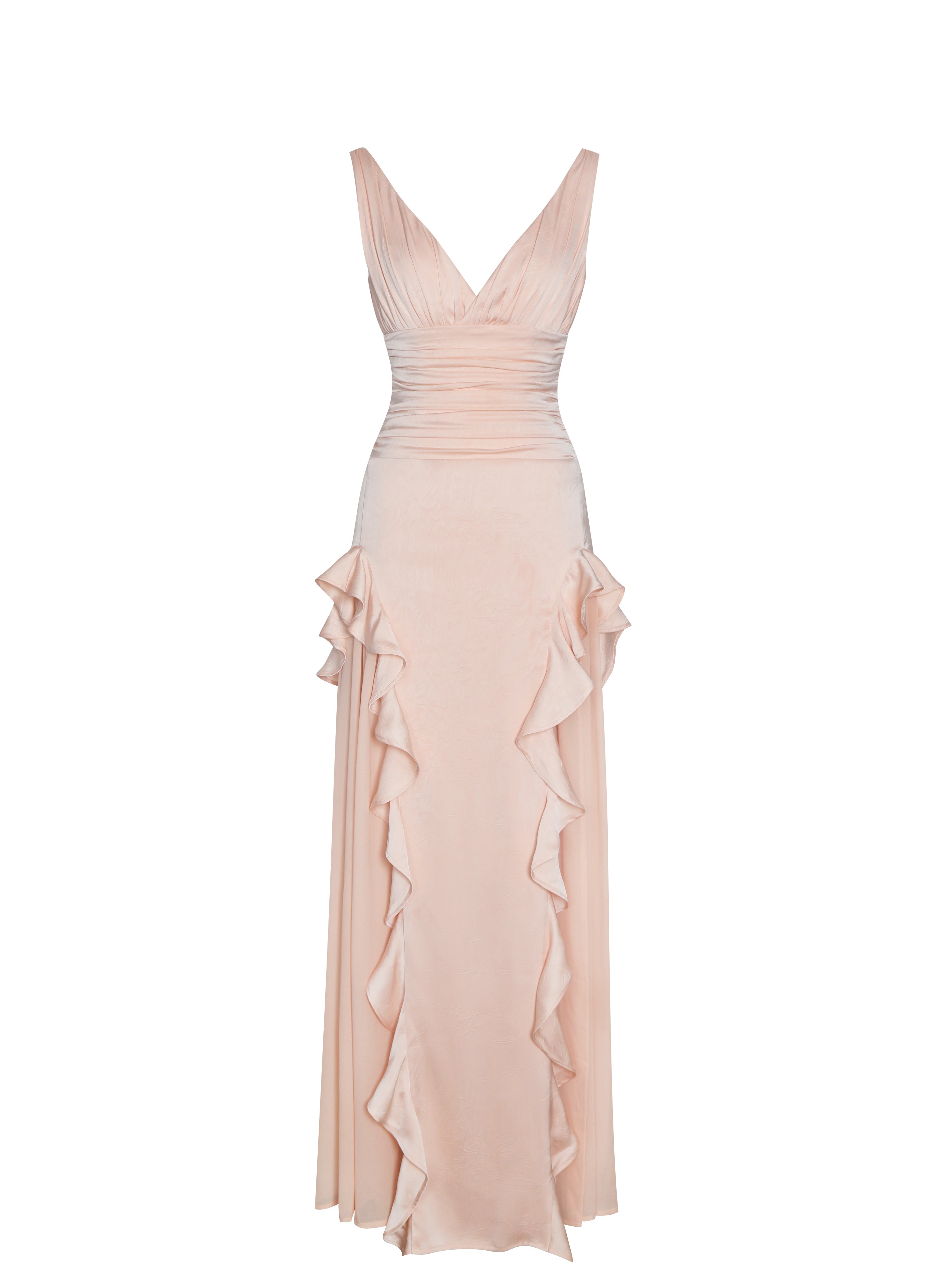 Talyssa Baby Pink Ruched Waist Double High Slit Maxi Gown