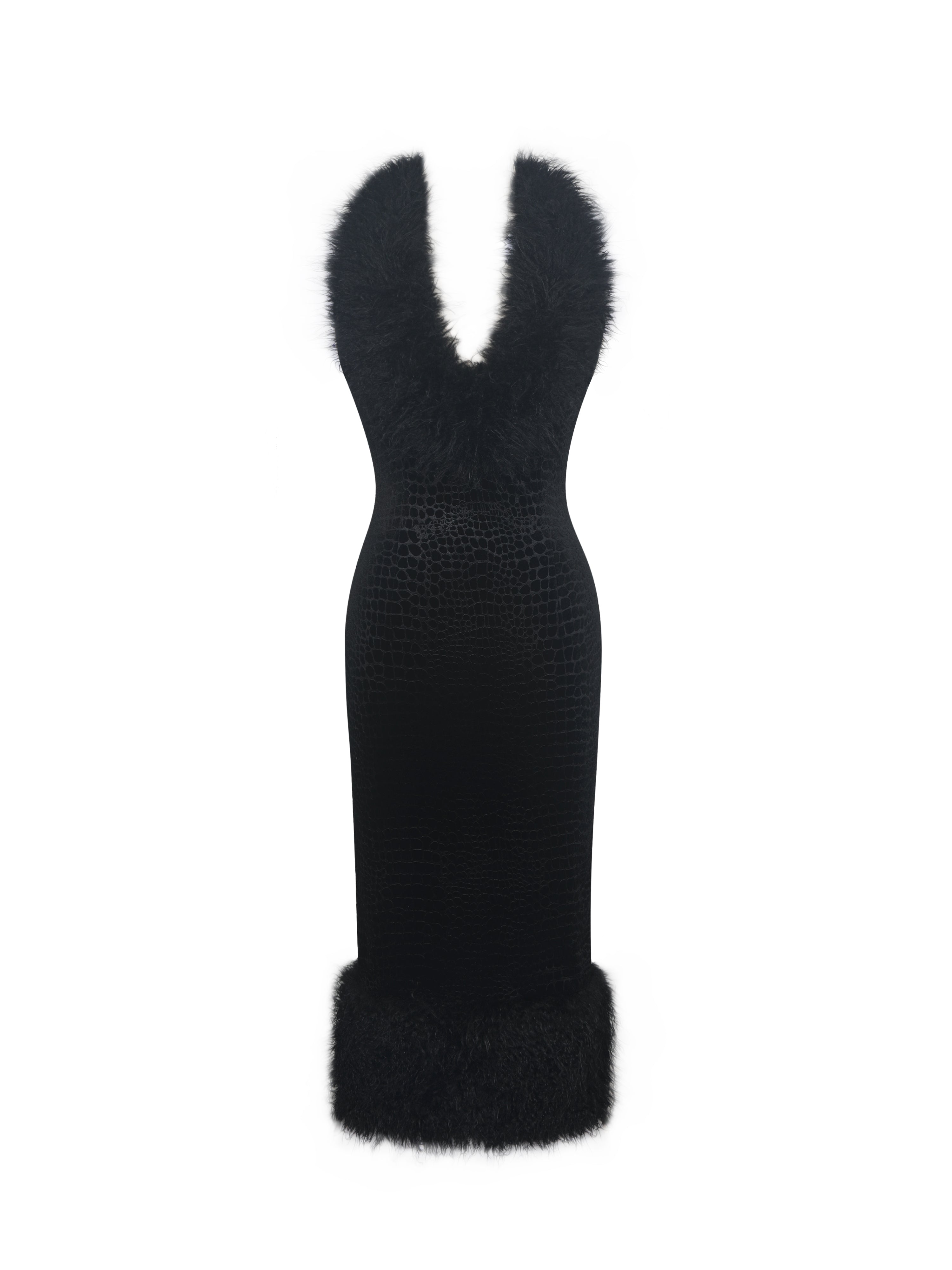 Onalee Black Croc-Embossed Velvet Fur Midi Dress