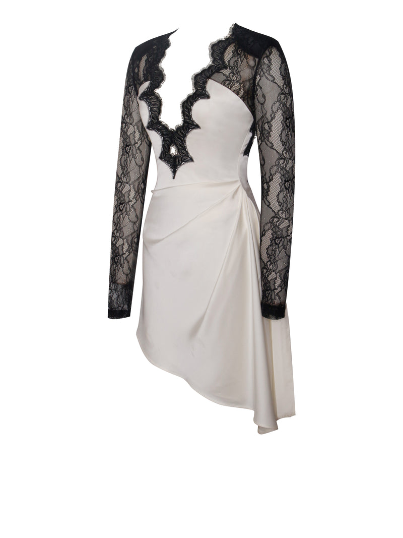 Reese Black Lace Sleeve White Satin Midi Dress