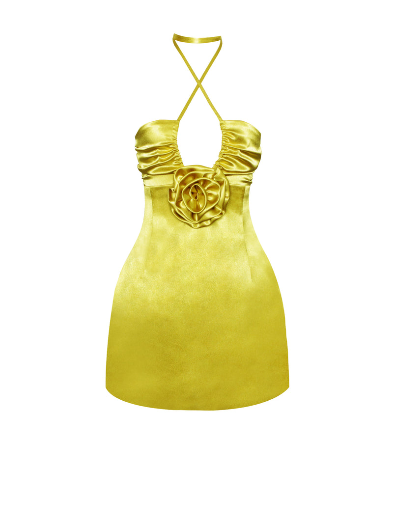 Marcia Gold Satin Strappy Halter Neck Dress