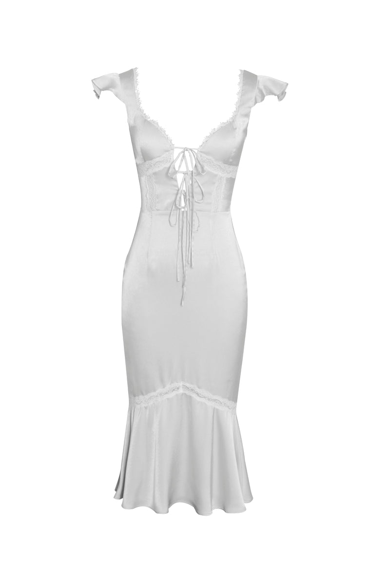 Zora White Satin Lace Up Flare Midi Dress With Lace Details