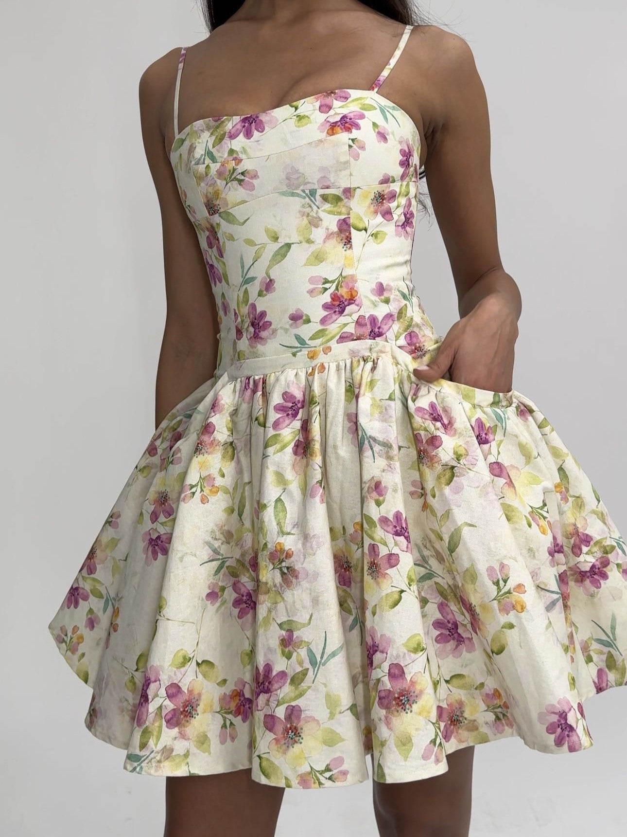 Valda Yellow and Pink Print Linen Mini Dress with Pockets