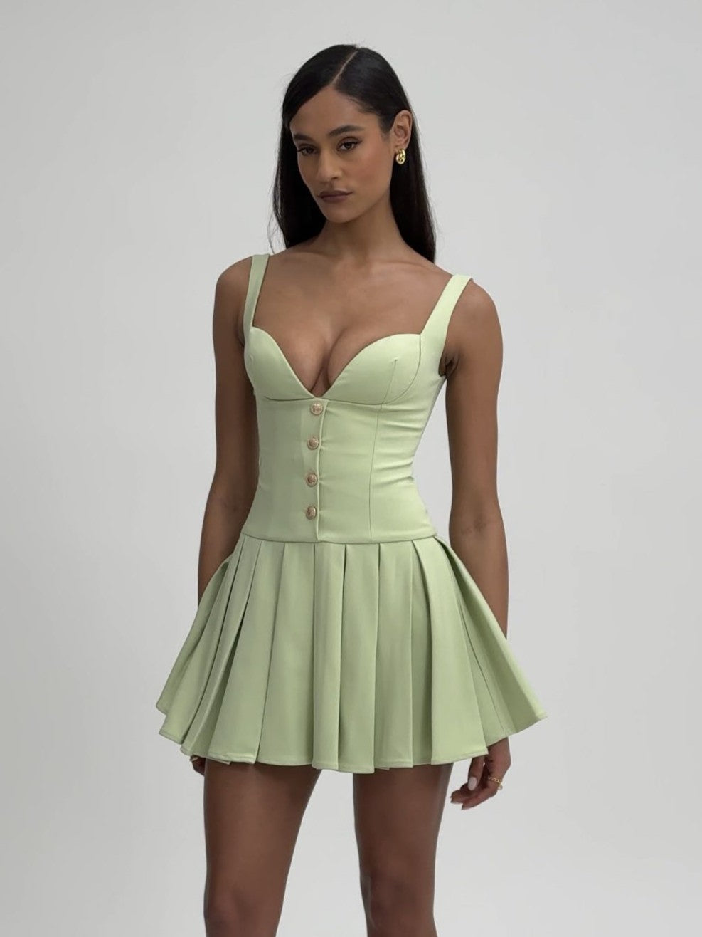 Tala Pistachio Green Sleeveless Pleated Preppy Mini Dress