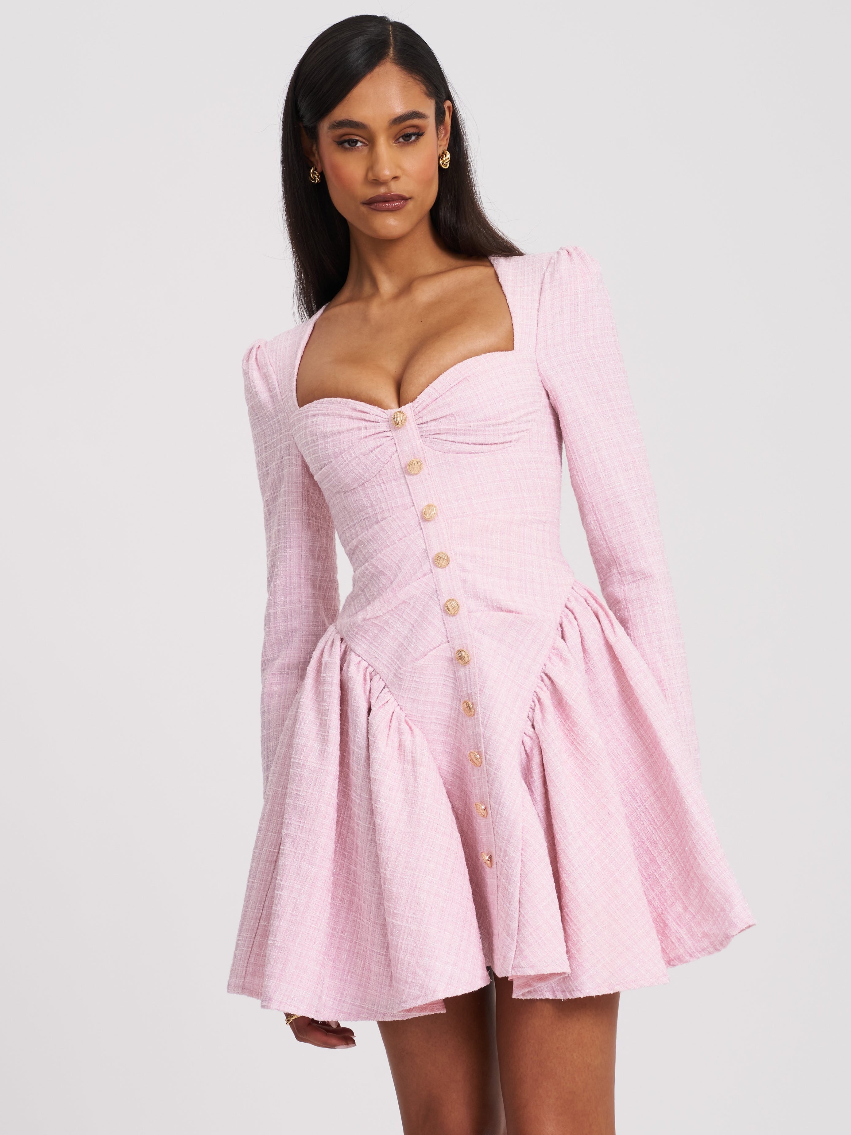 Tae Pink Tweed Long Sleeve Drop Waist Mini Dress (Archive Sale)