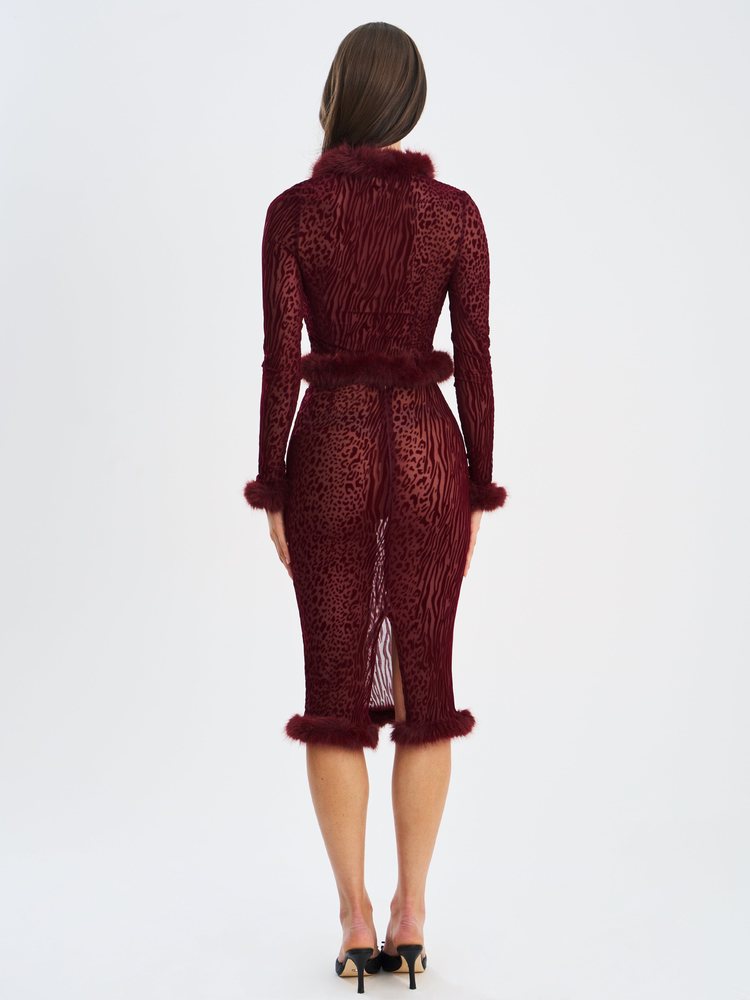 Hali Burgundy Animal Print Burnout Velvet Fur Trim Top