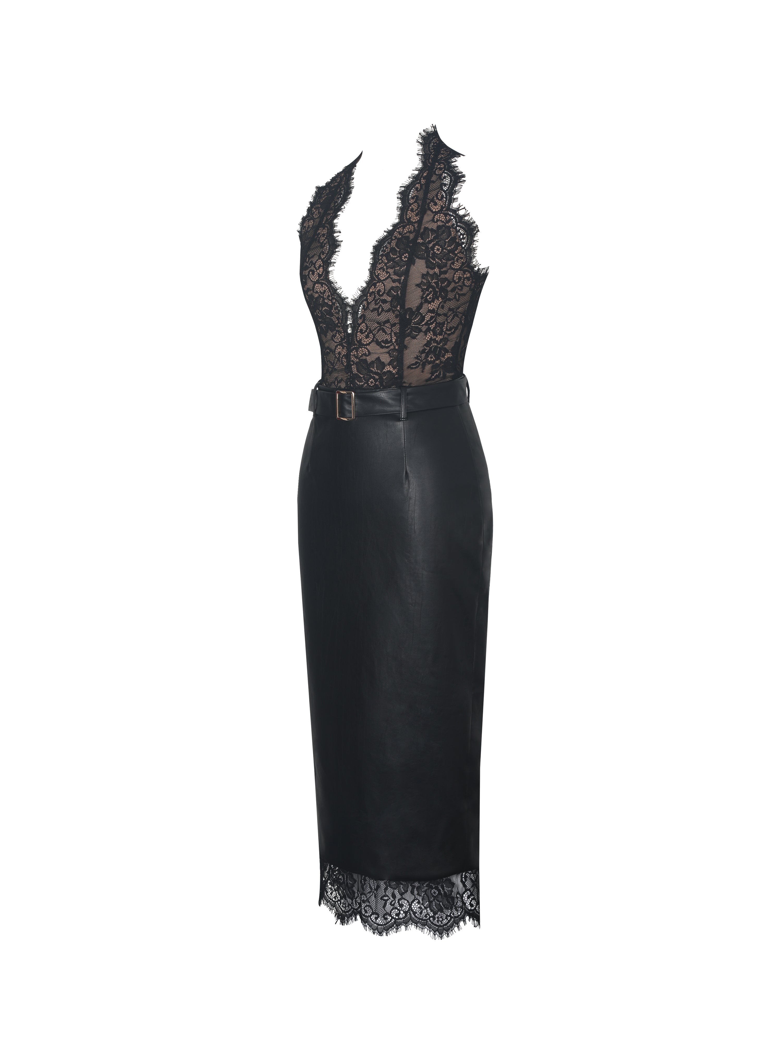 Fiera Black Plunging Halter Belted Midi Dress