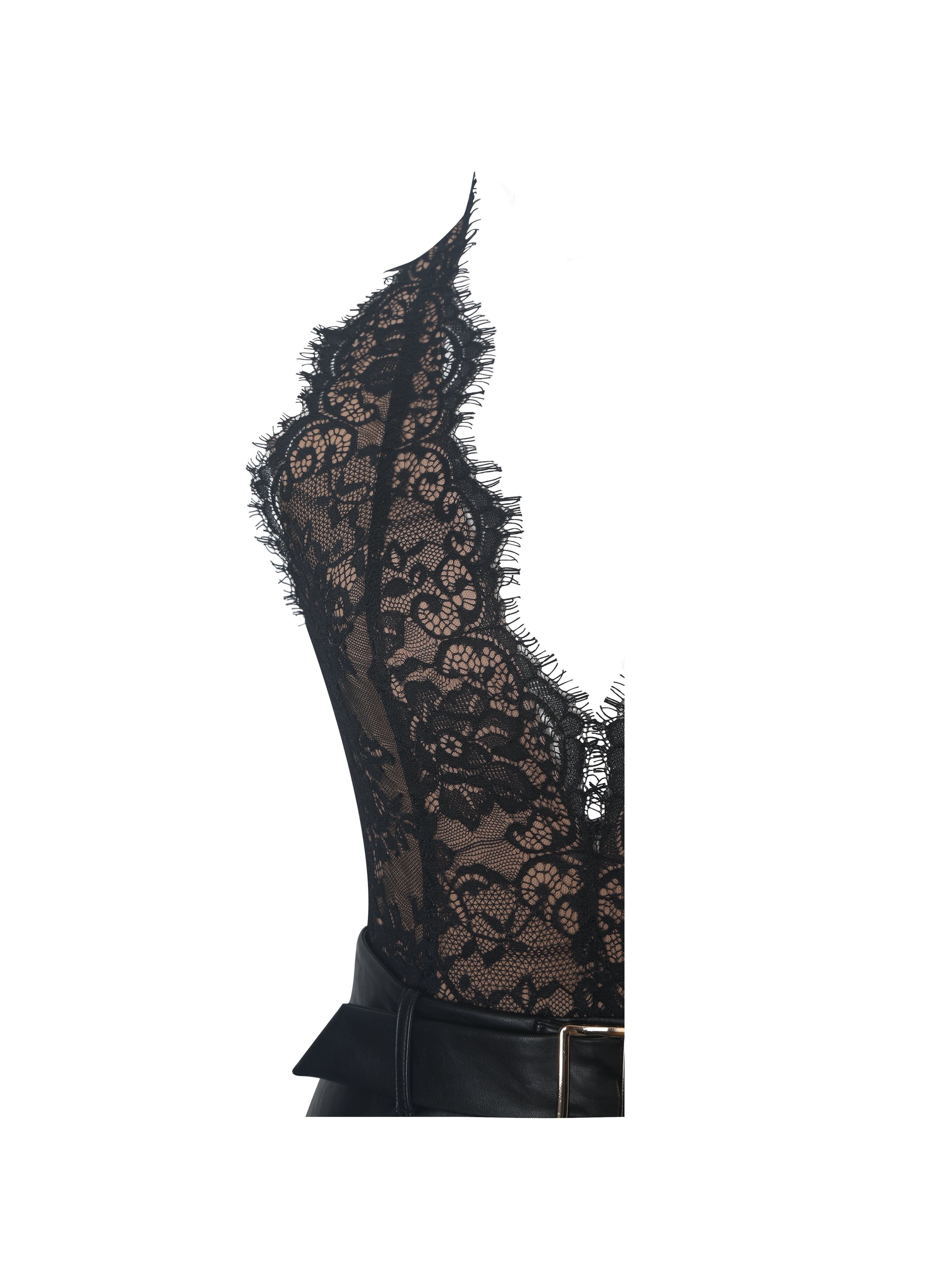 Fiera Black Plunging Halter Belted Midi Dress