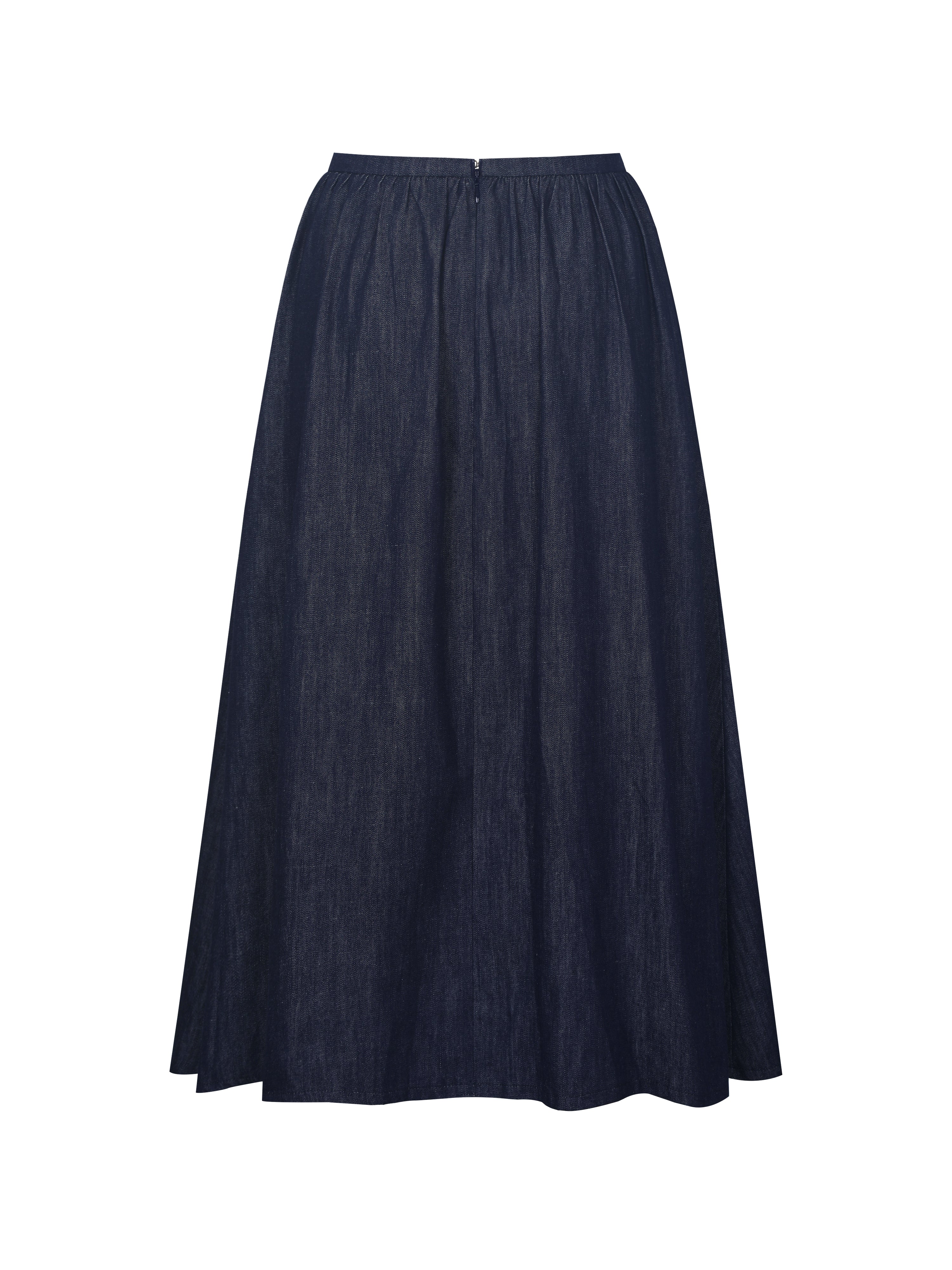 Maevie Indigo Denim Gathered A-Line Midi Skirt