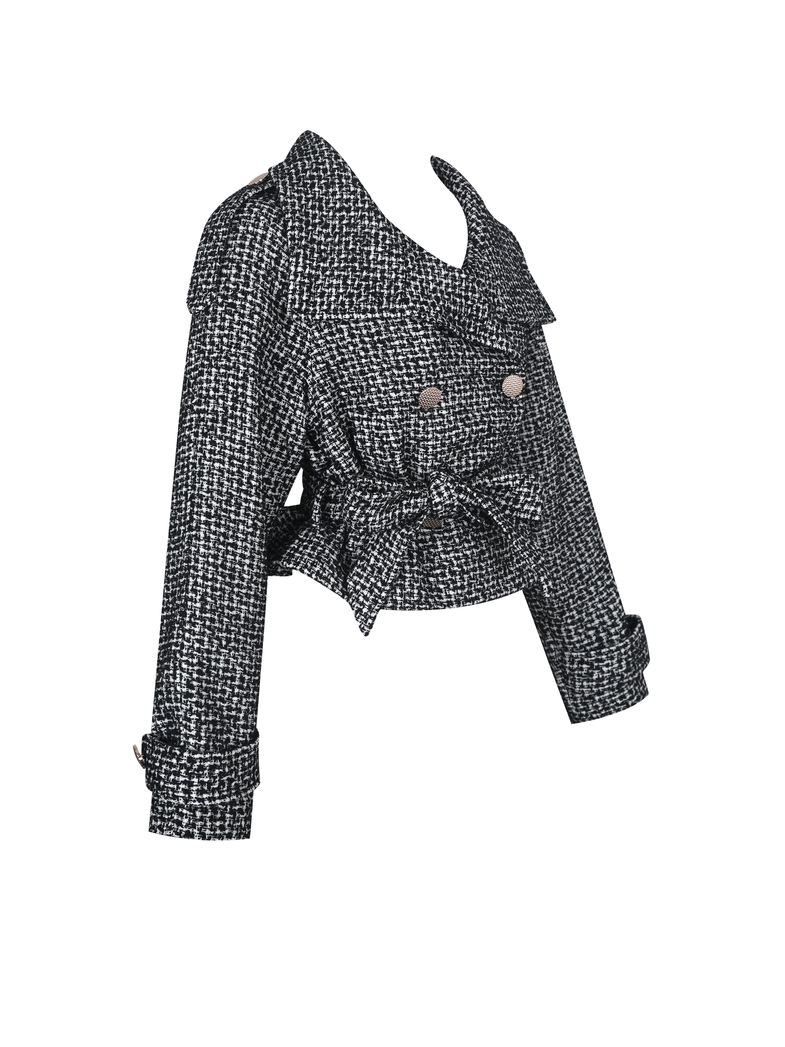 Sadie Black & White Tweed High Collar Belted Mini Jacket
