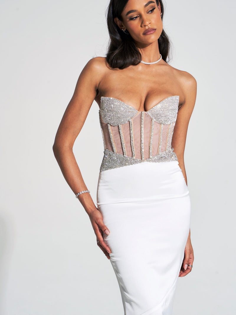 Delany White Crystal Corset Satin Gown