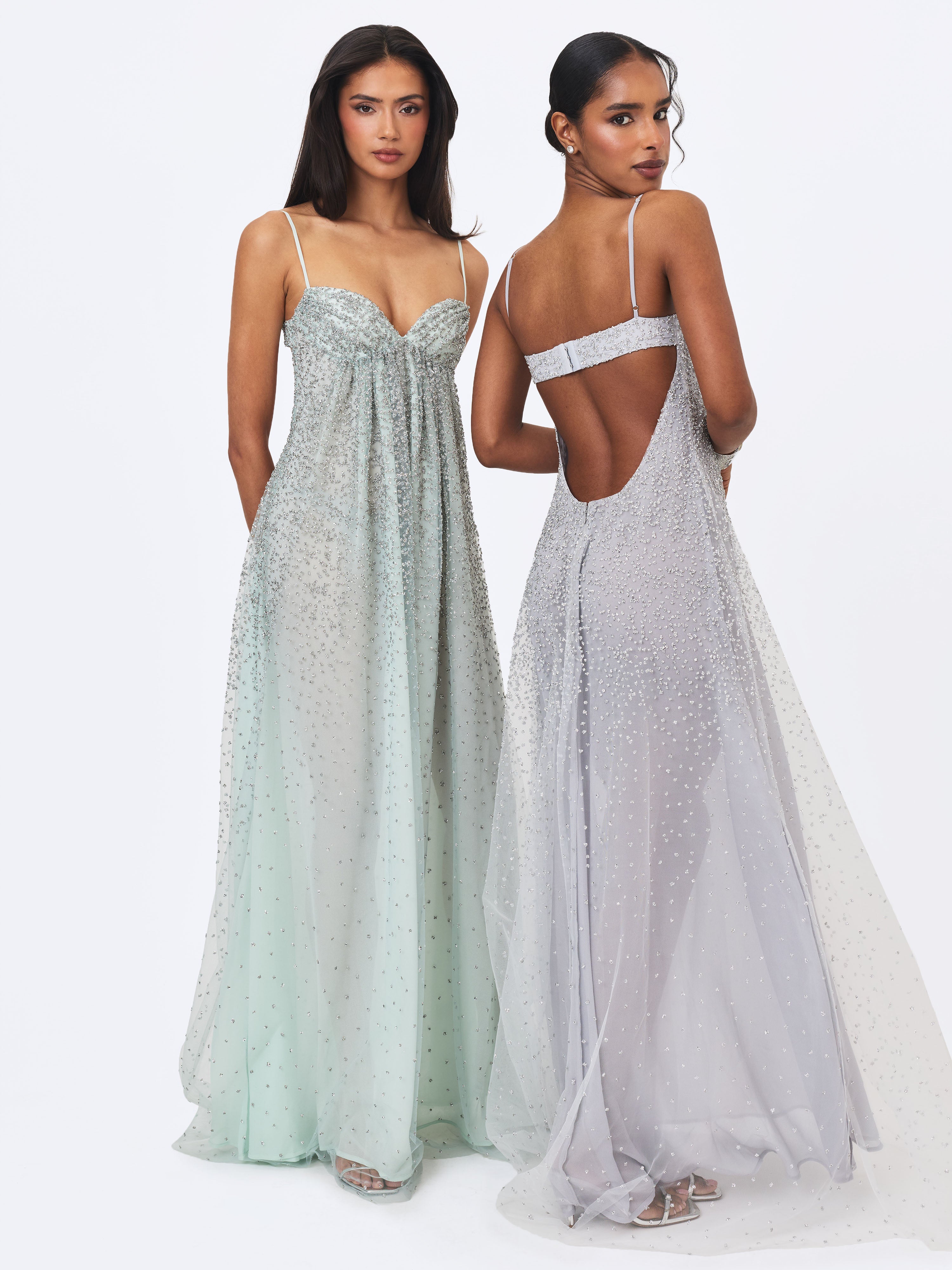 Wallie Silver Rhinestone Embellished Mesh Backless Gown