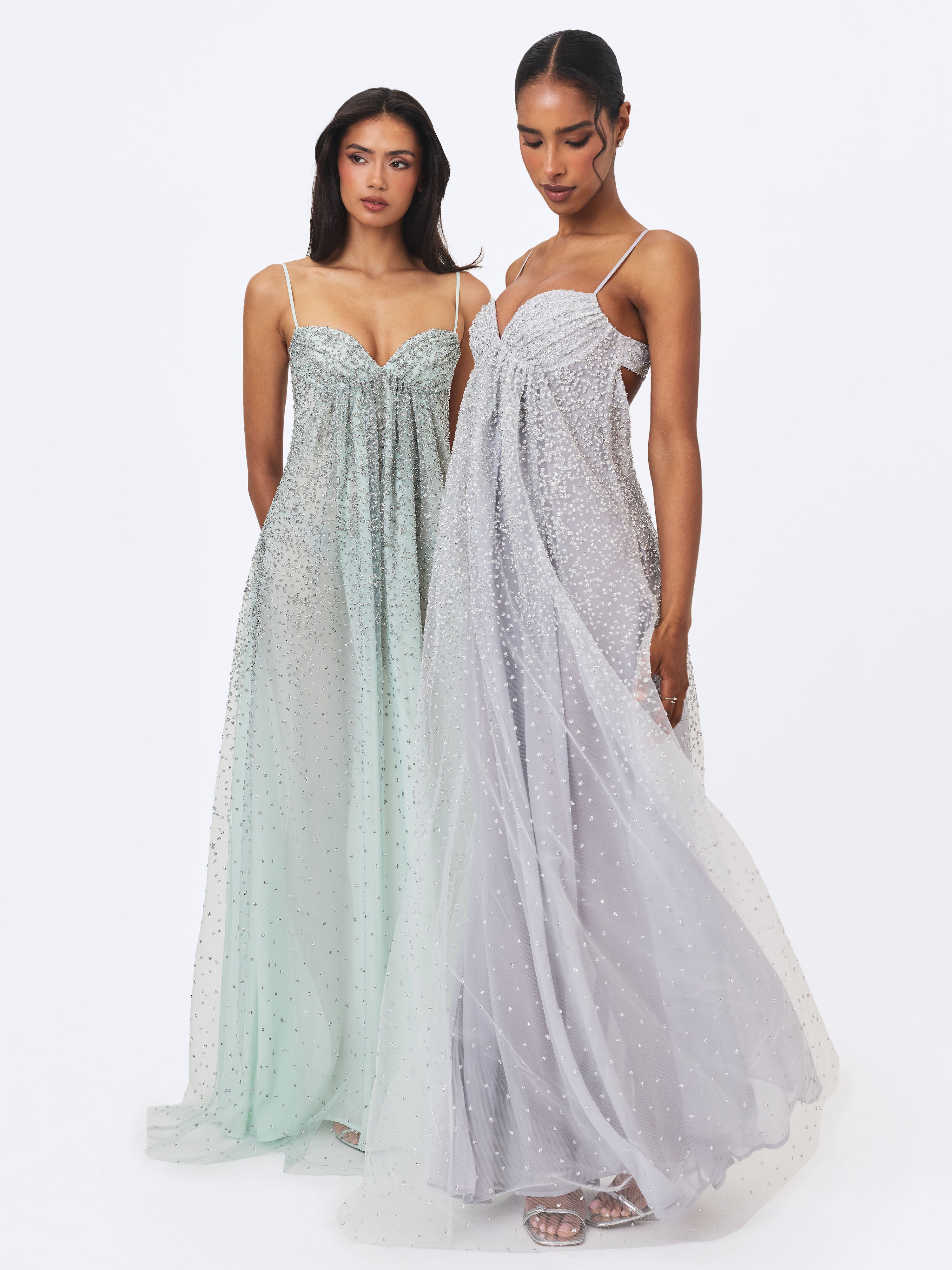 Wallie Silver Rhinestone Embellished Mesh Backless Gown