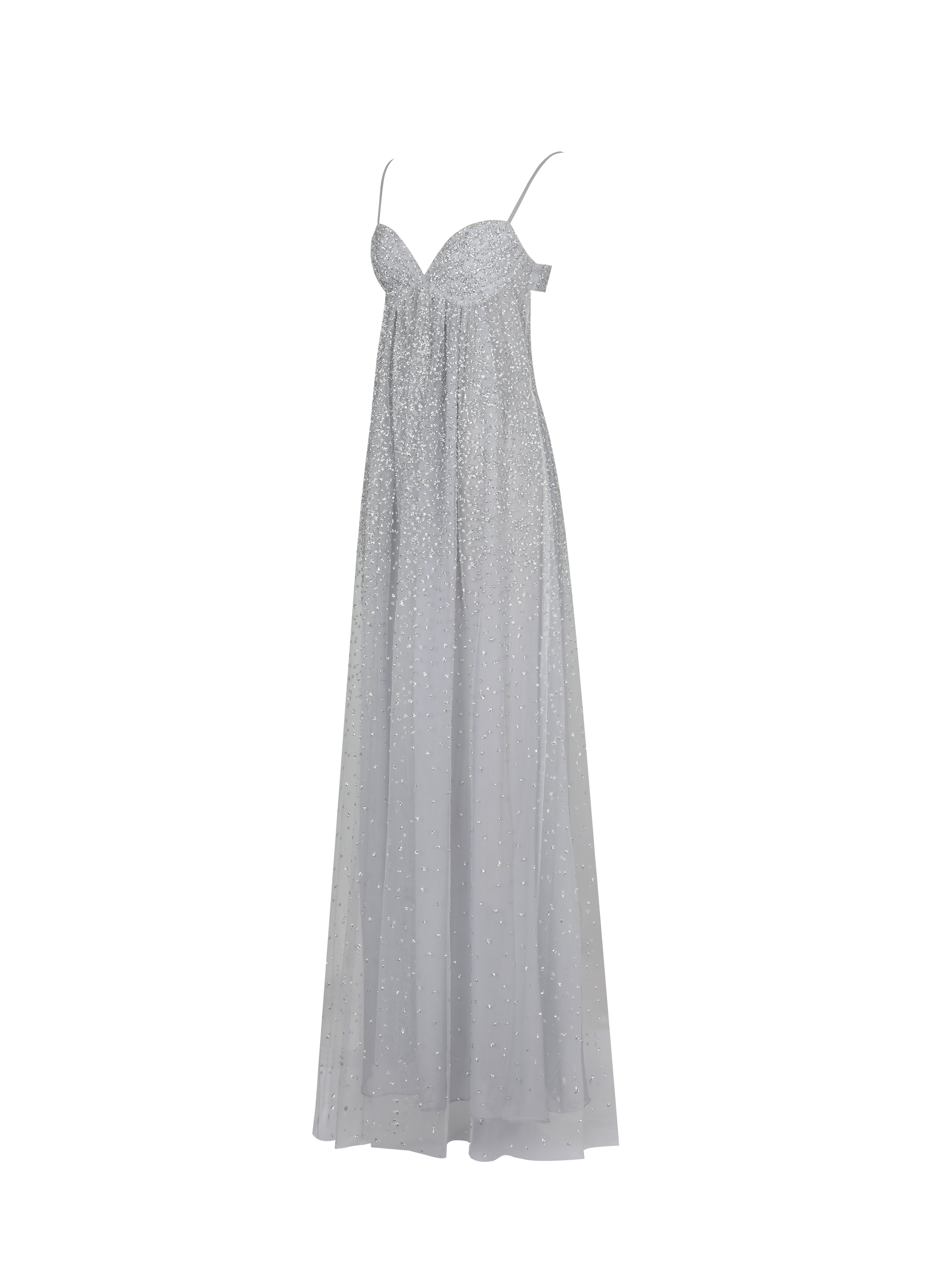 Wallie Silver Rhinestone Embellished Mesh Backless Gown
