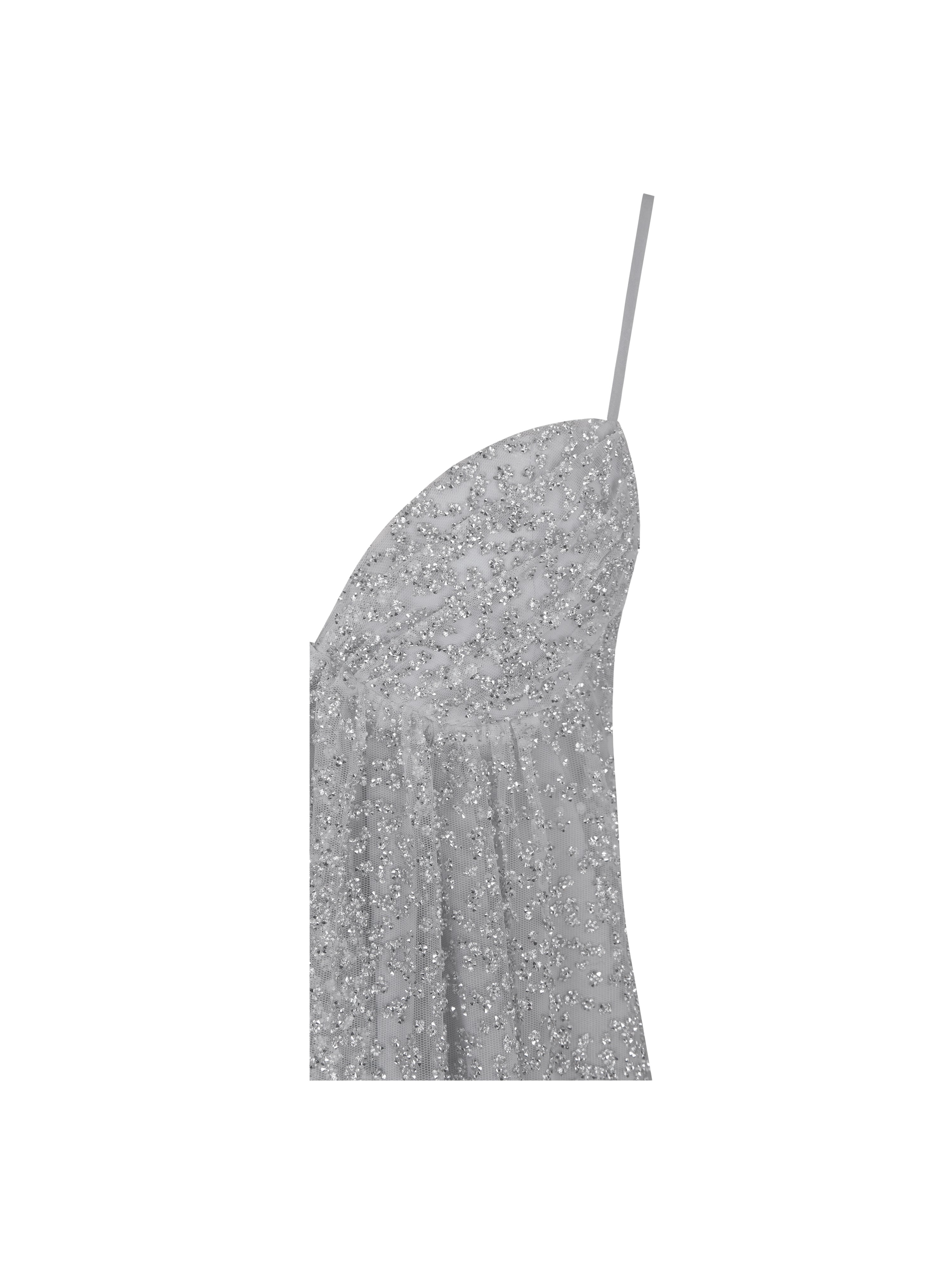 Wallie Silver Rhinestone Embellished Mesh Backless Gown
