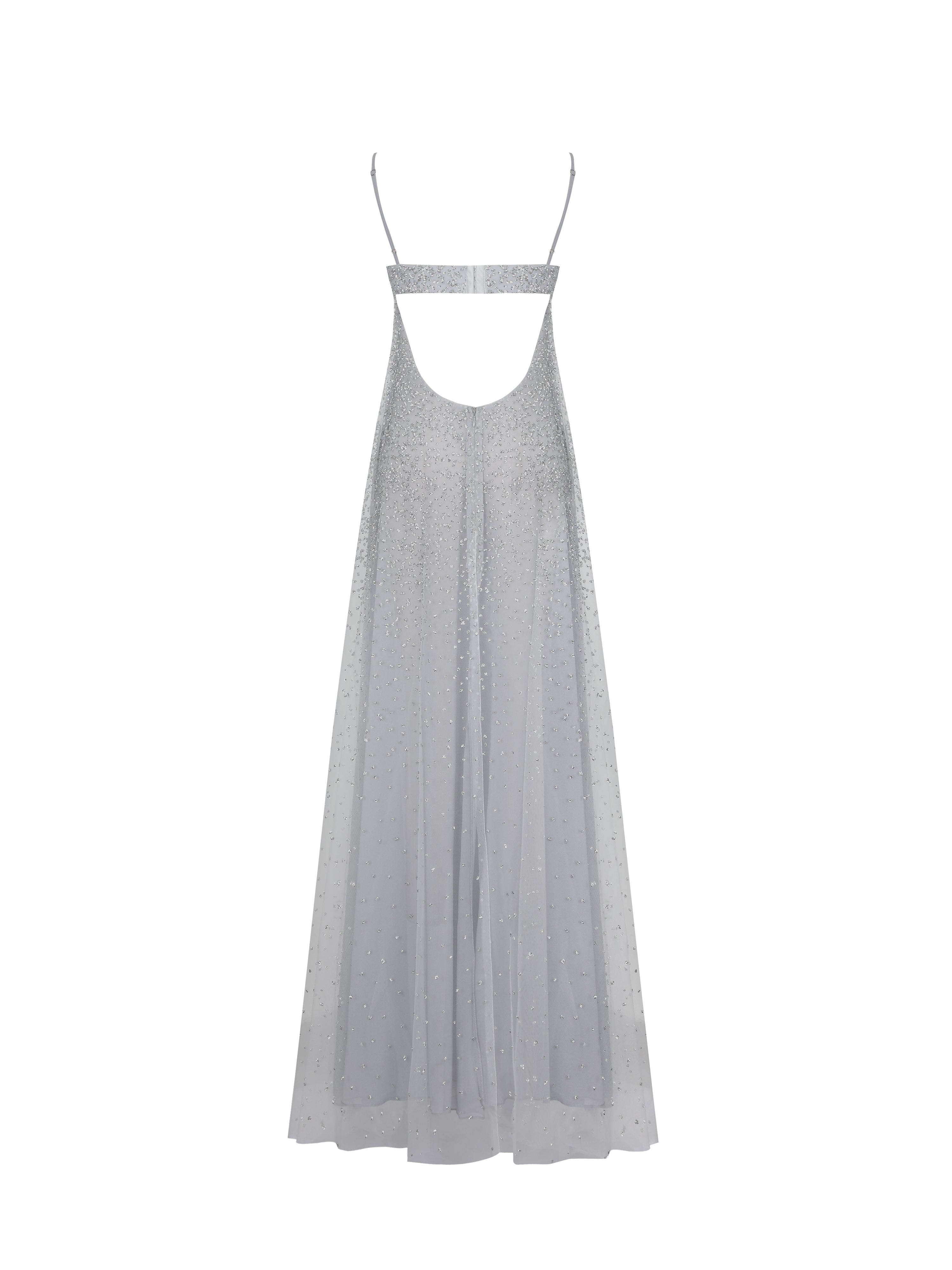 Wallie Silver Rhinestone Embellished Mesh Backless Gown