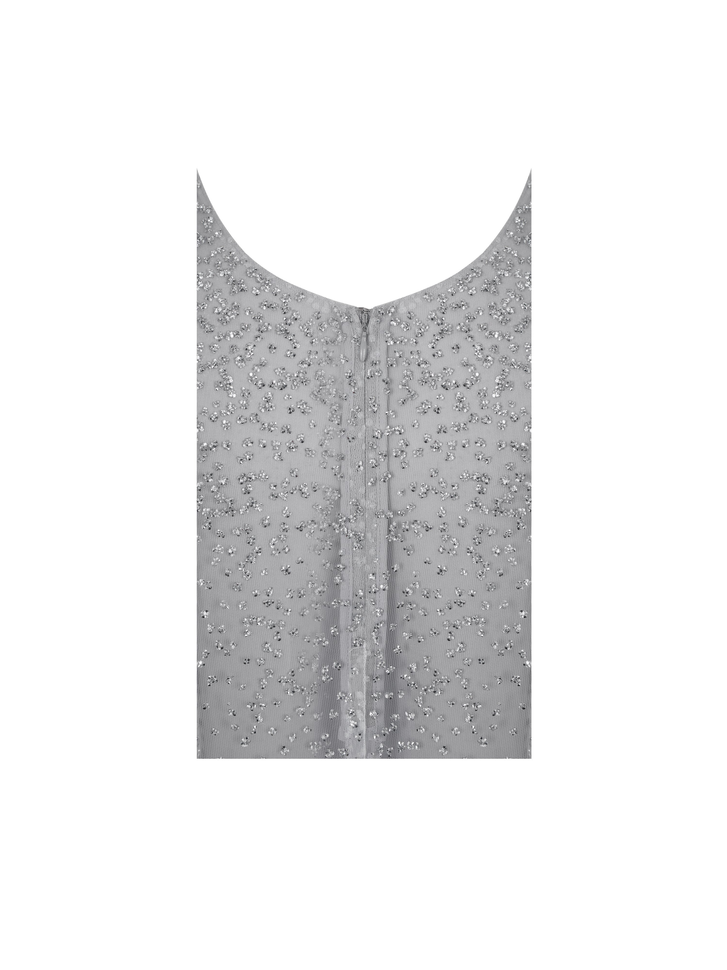 Wallie Silver Rhinestone Embellished Mesh Backless Gown