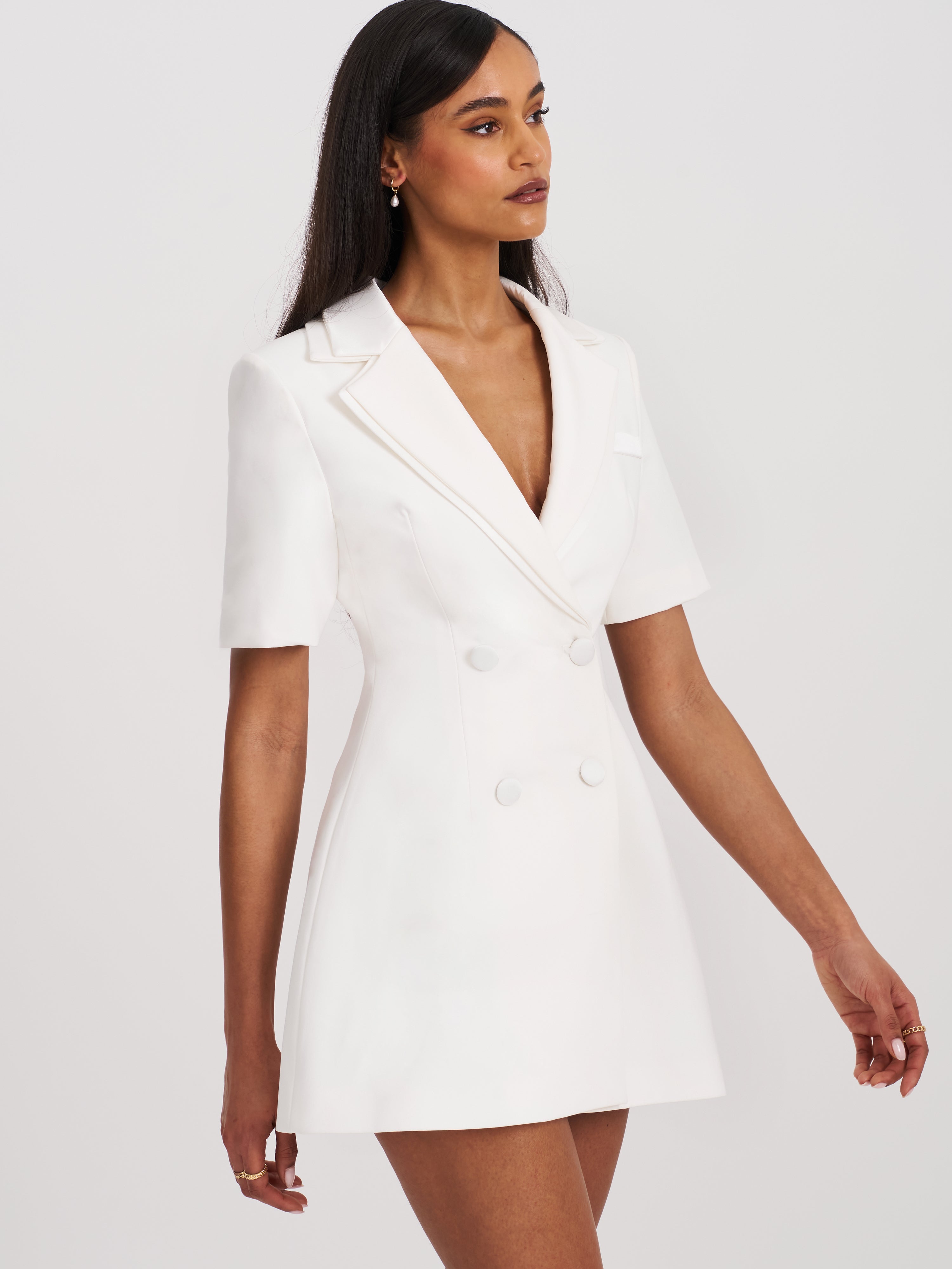 Madelina White Double Breast Satin Trim Blazer Dress