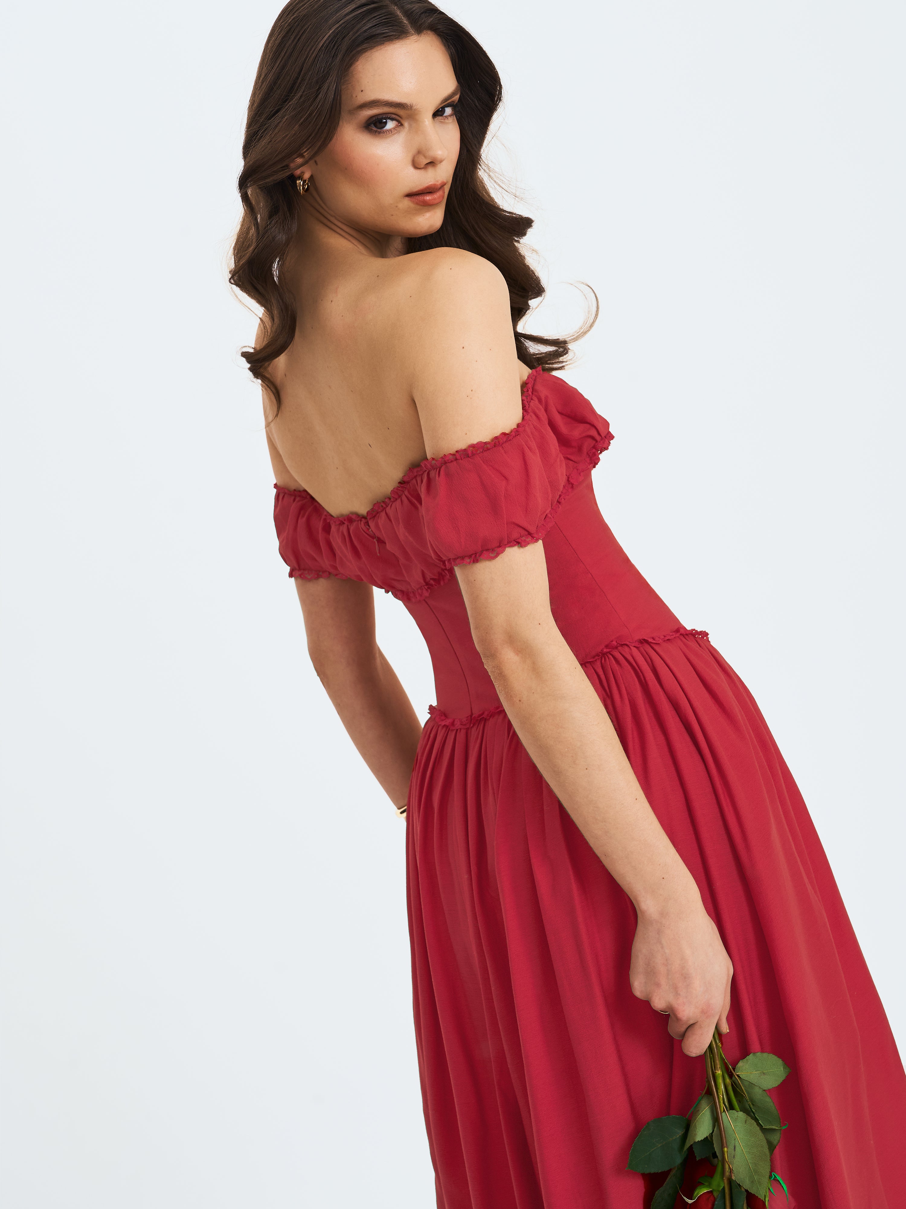 Xavy Crimson Off-Shoulder Corset Midi Dress