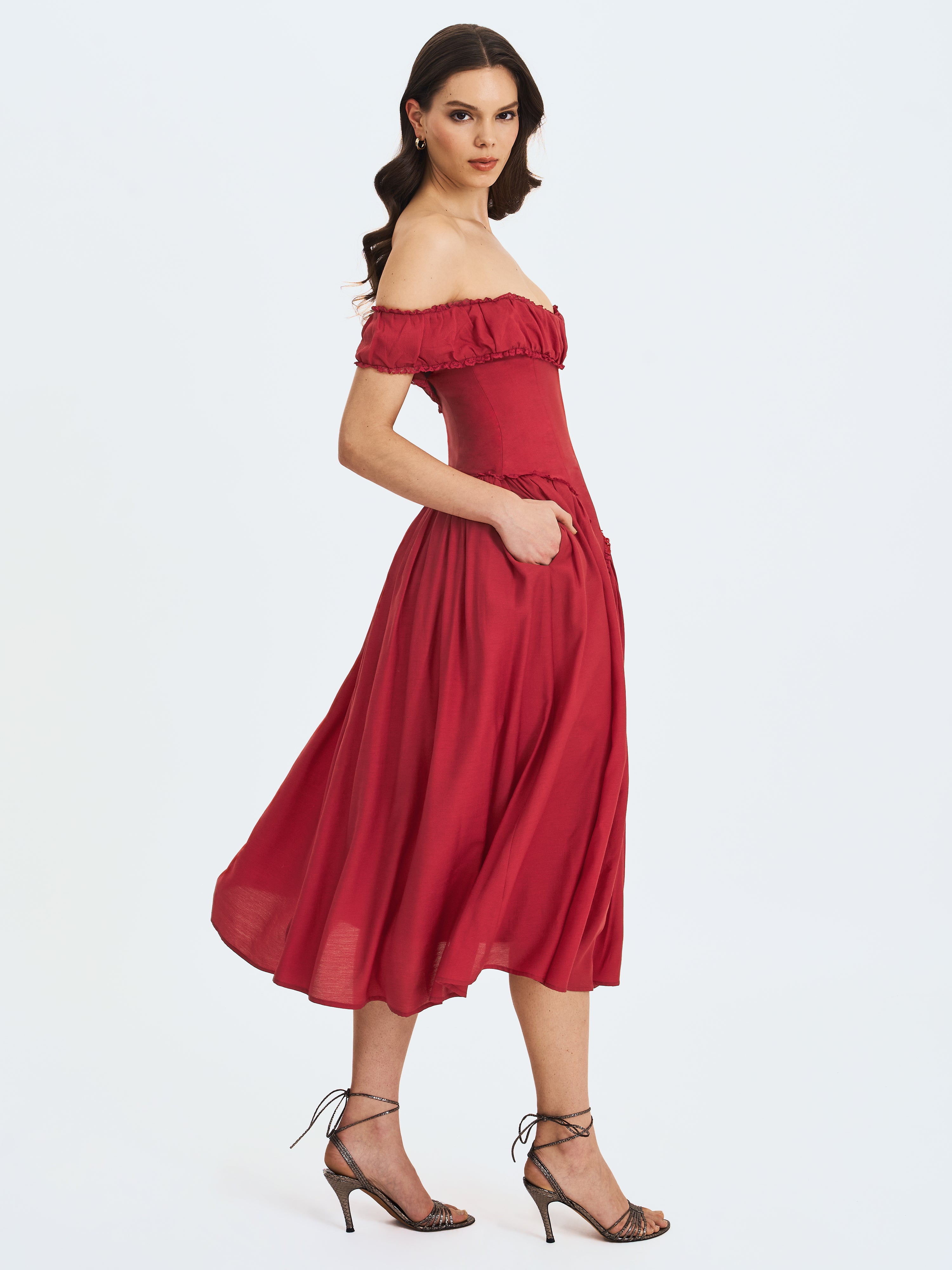 Xavy Crimson Off-Shoulder Corset Midi Dress