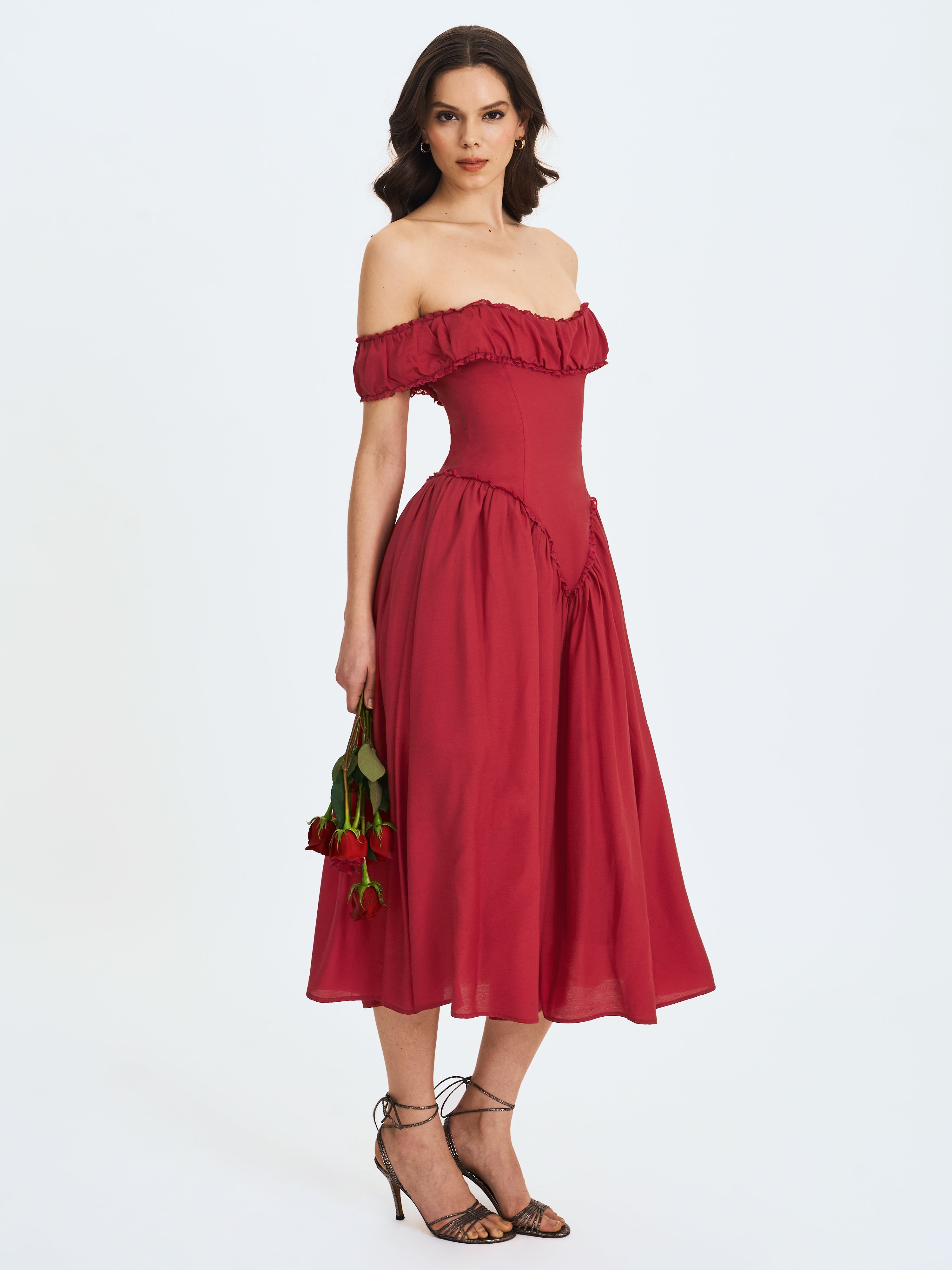 Xavy Crimson Off-Shoulder Corset Midi Dress
