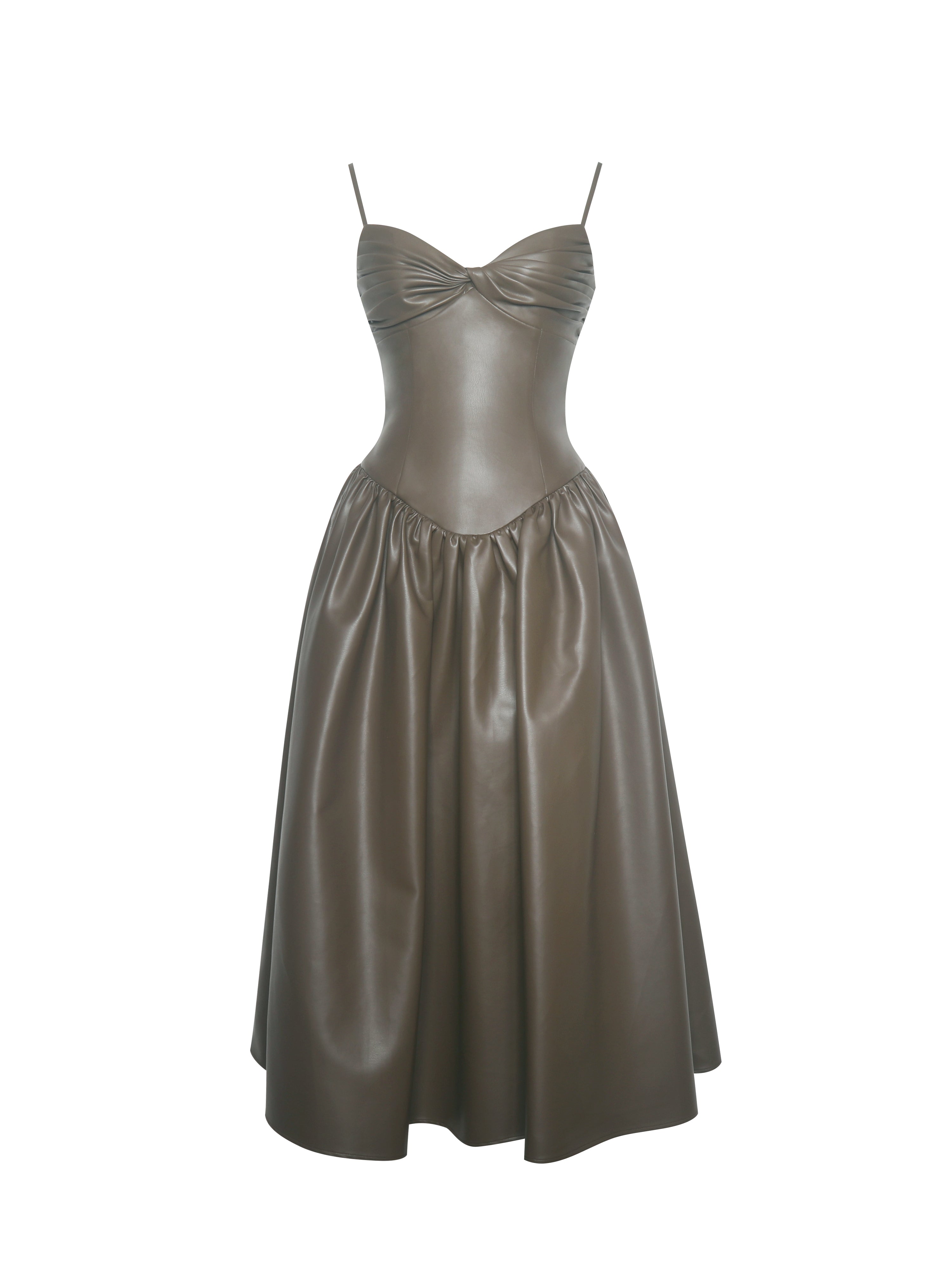 Parisia Cocoa Vegan Leather Drop Waist Maxi Dress