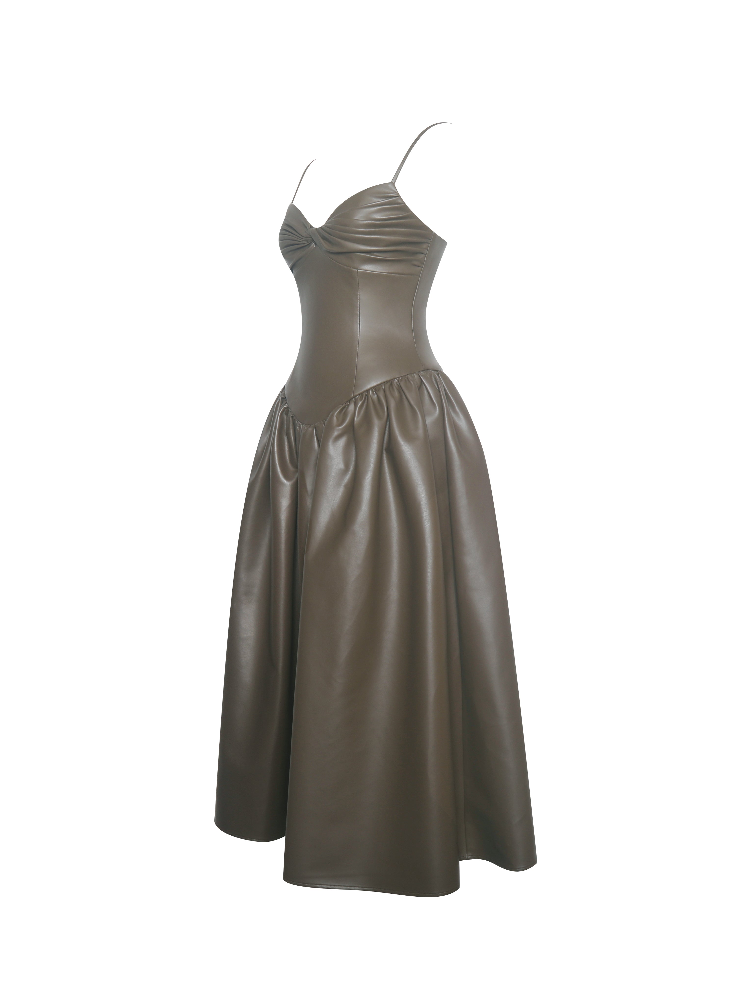 Parisia Cocoa Vegan Leather Drop Waist Maxi Dress