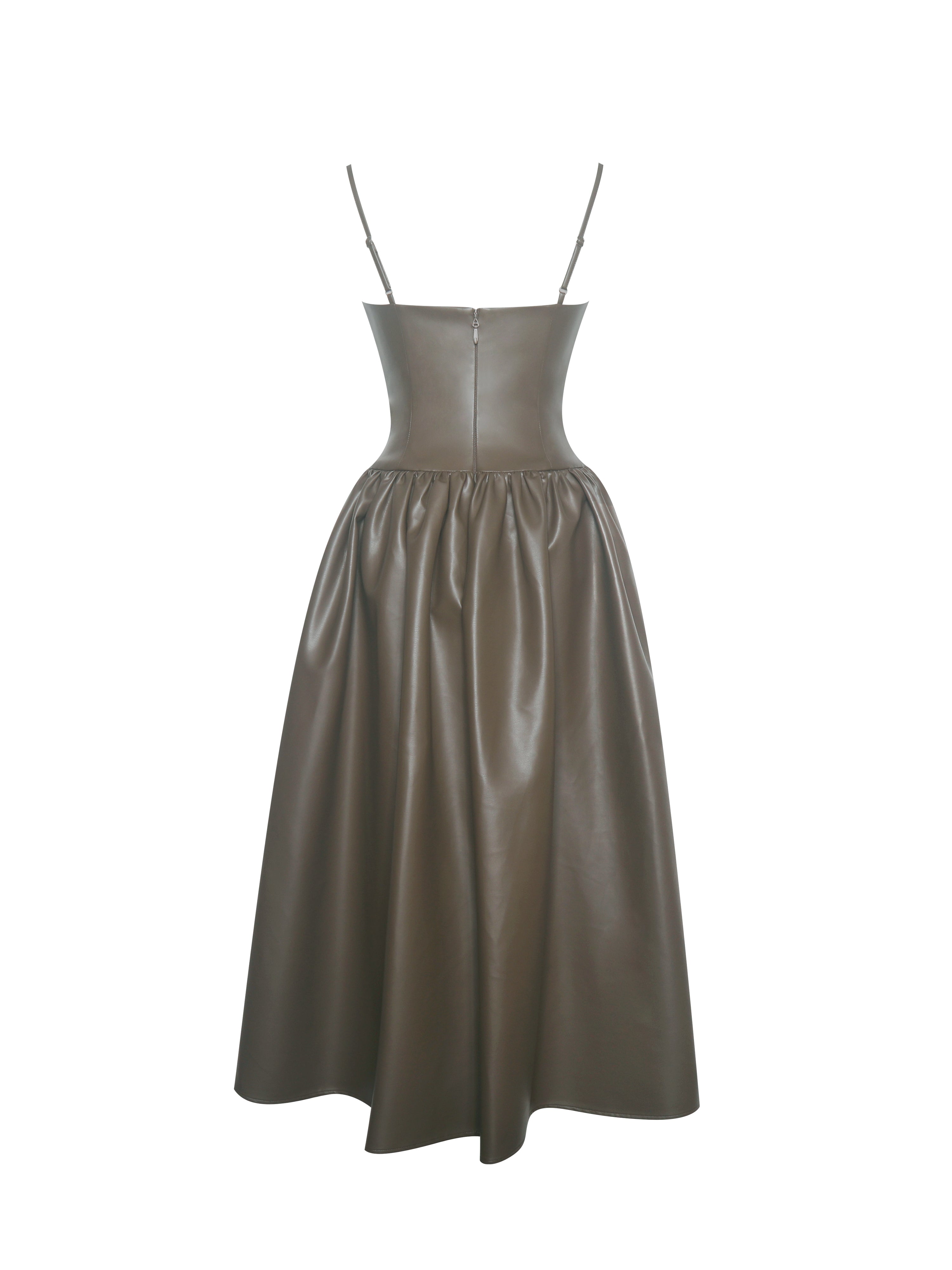 Parisia Cocoa Vegan Leather Drop Waist Maxi Dress