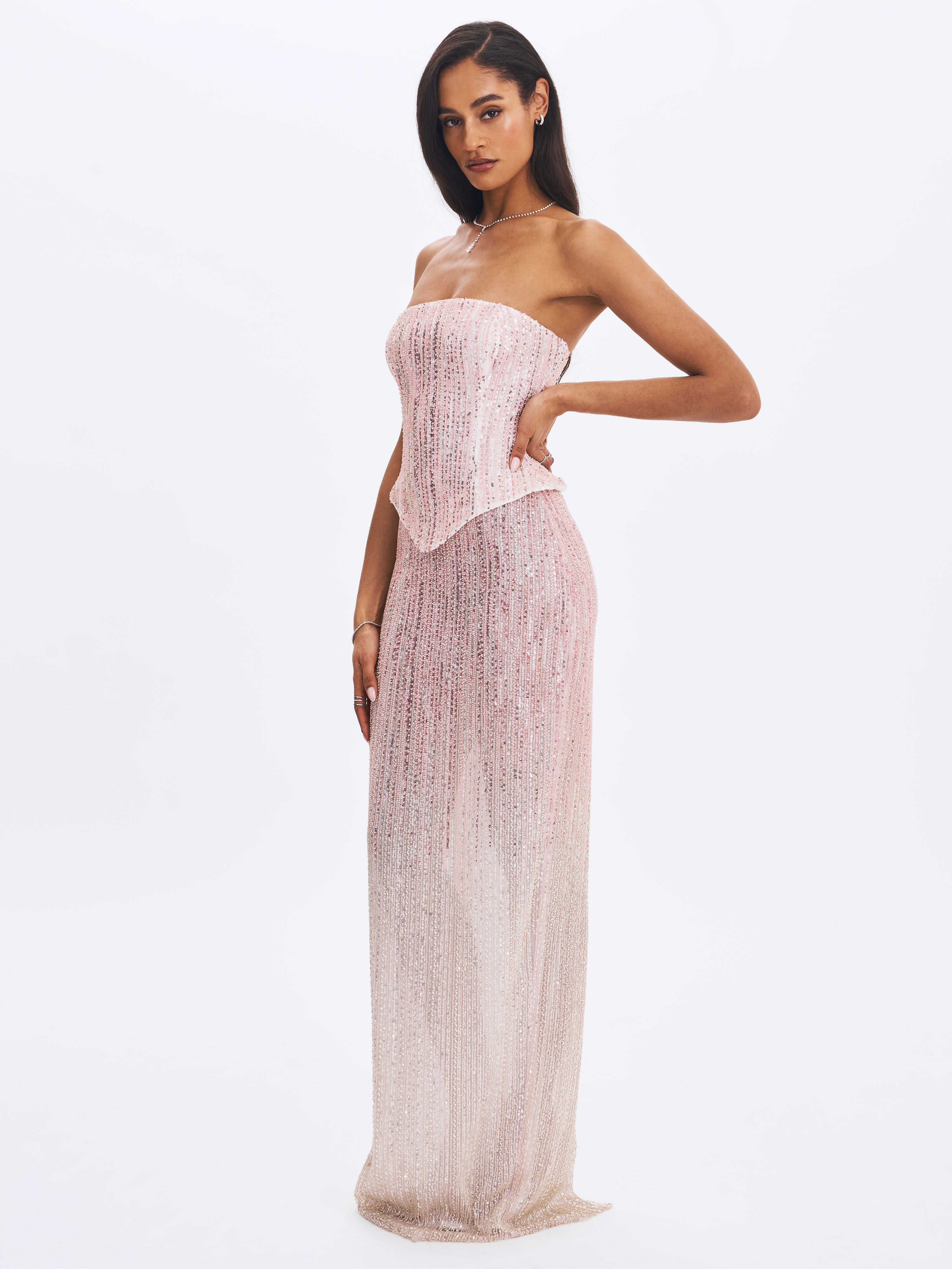Tosca Beaded Blush Gradient Strapless Peplum Maxi Dress