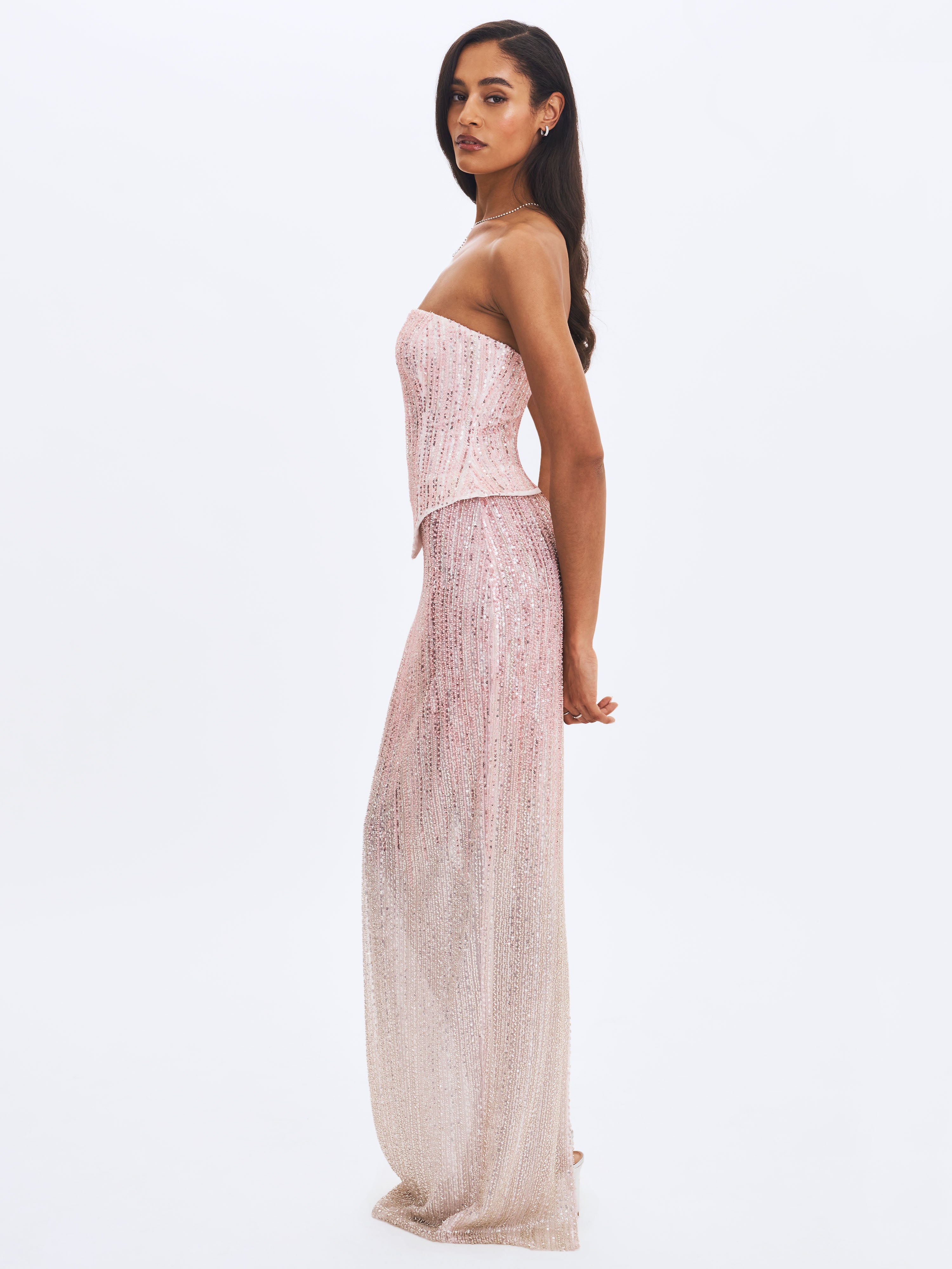 Tosca Beaded Blush Gradient Strapless Peplum Maxi Dress