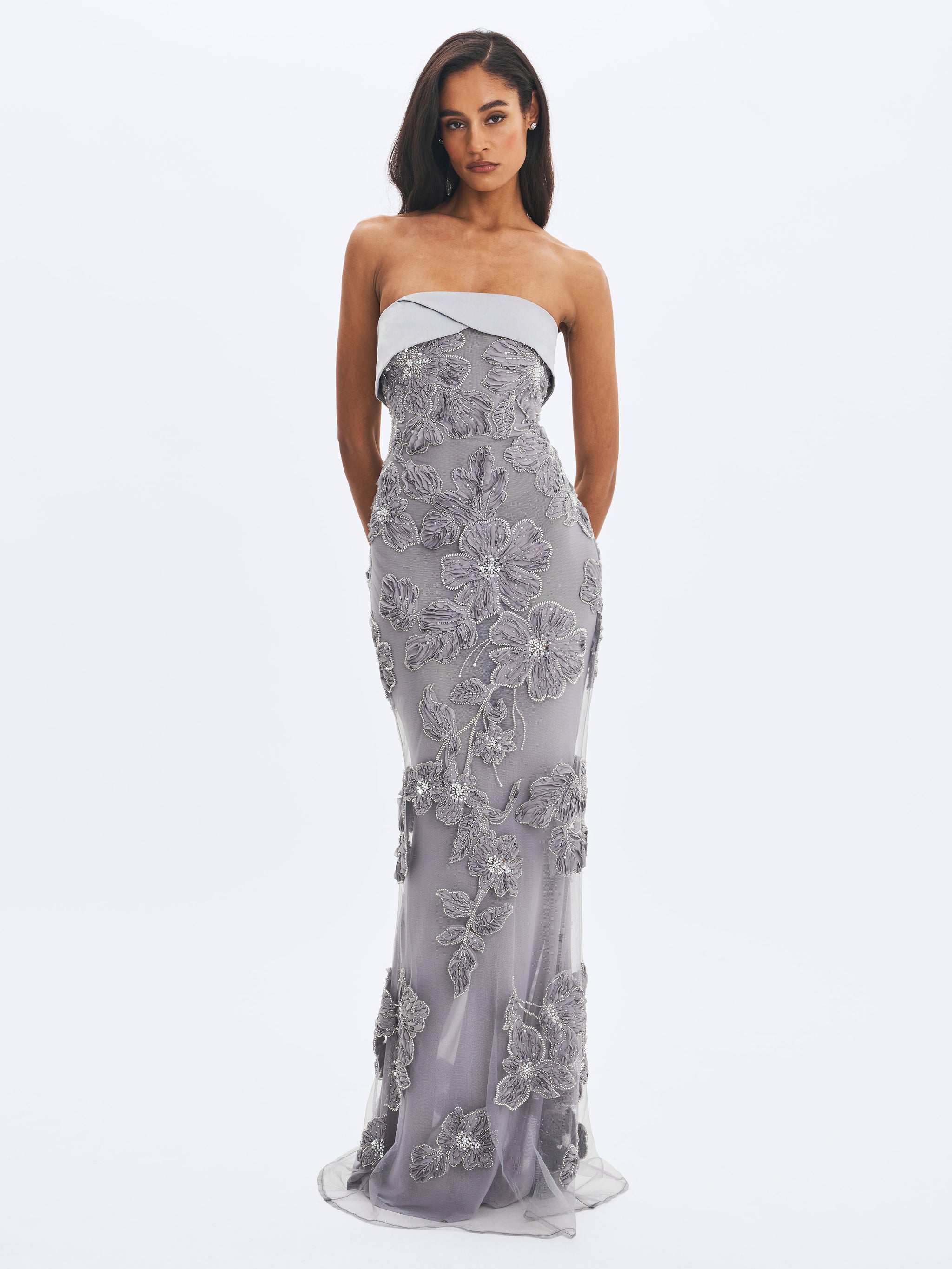 knee length dresses for ladies Raphaela Silver Beaded Floral Strapless Mermaid Maxi Dress