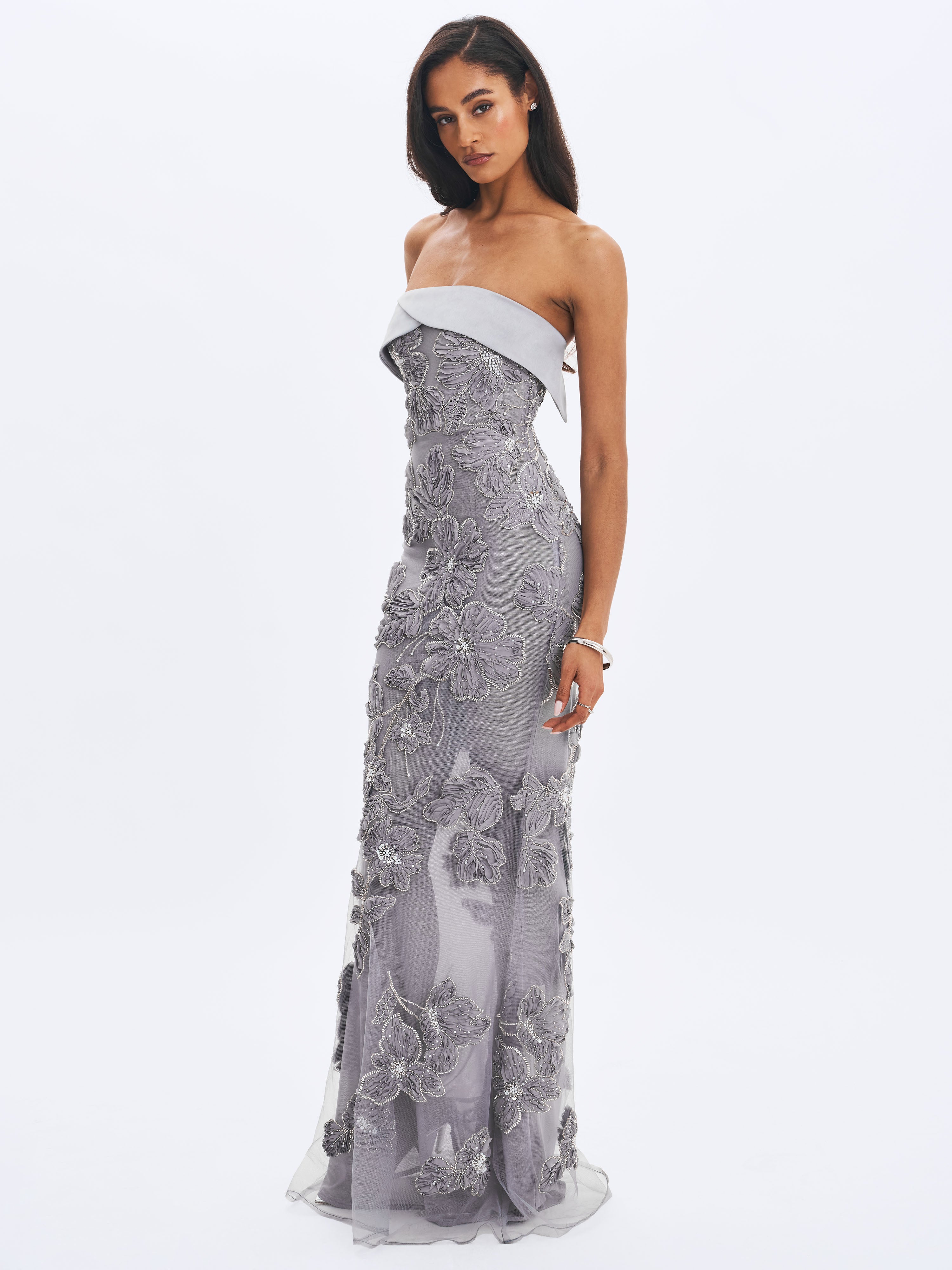 Raphaela Silver Beaded Floral Strapless Mermaid Maxi Dress