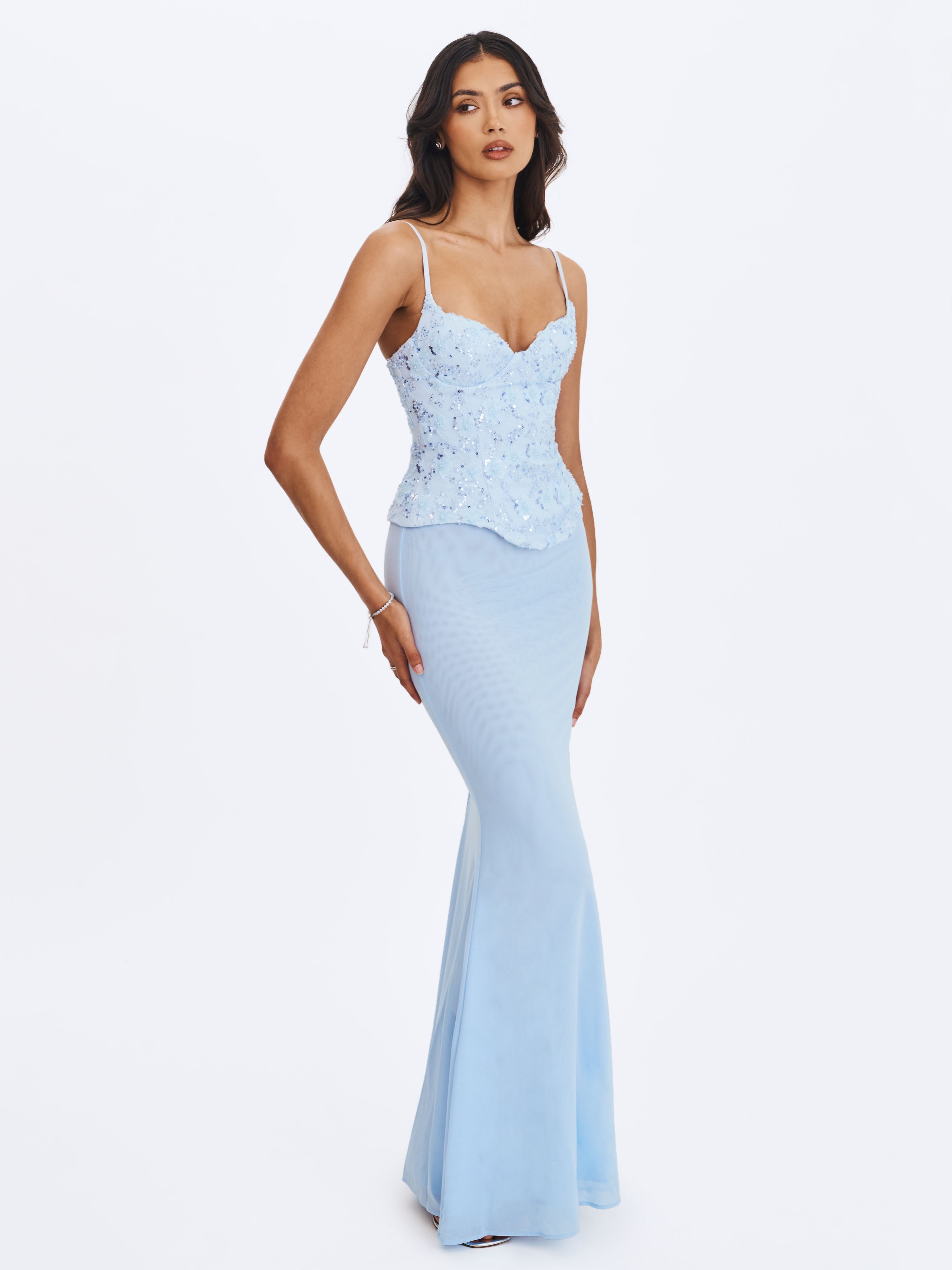 Aurielle Baby Blue Sweetheart Mermaid Peplum Maxi Dress