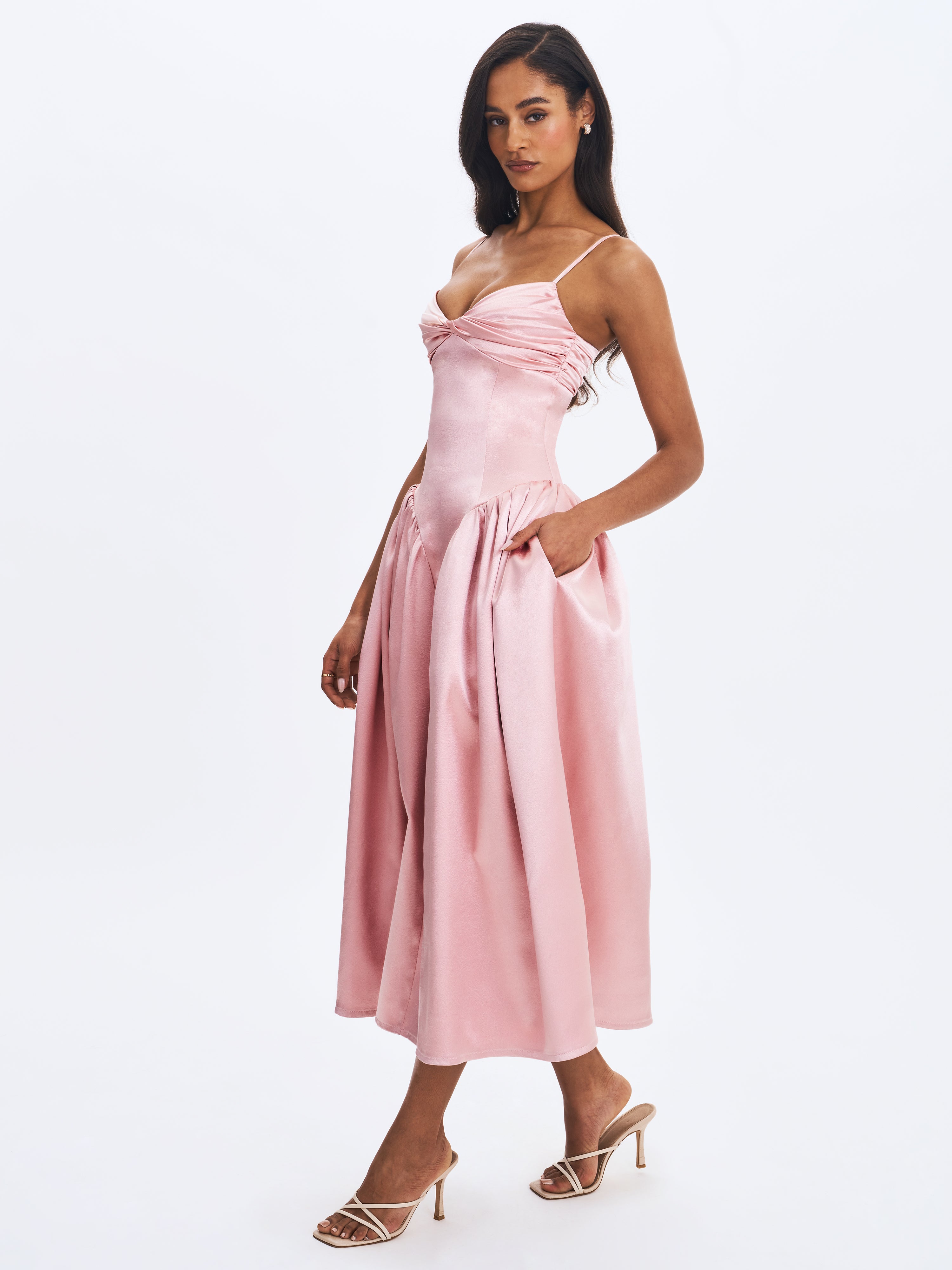 Tullia Dusty Rose Satin Ruched Midi Dress
