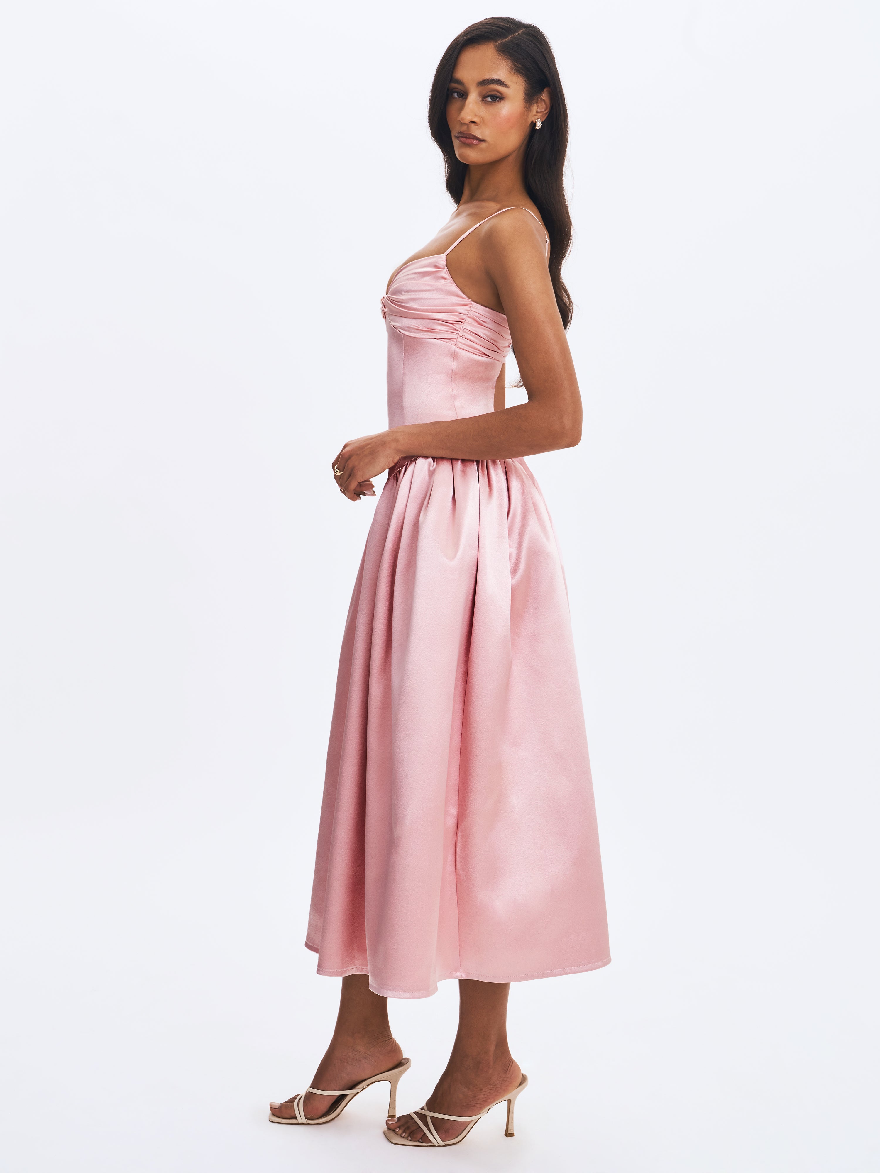 Tullia Dusty Rose Satin Ruched Midi Dress