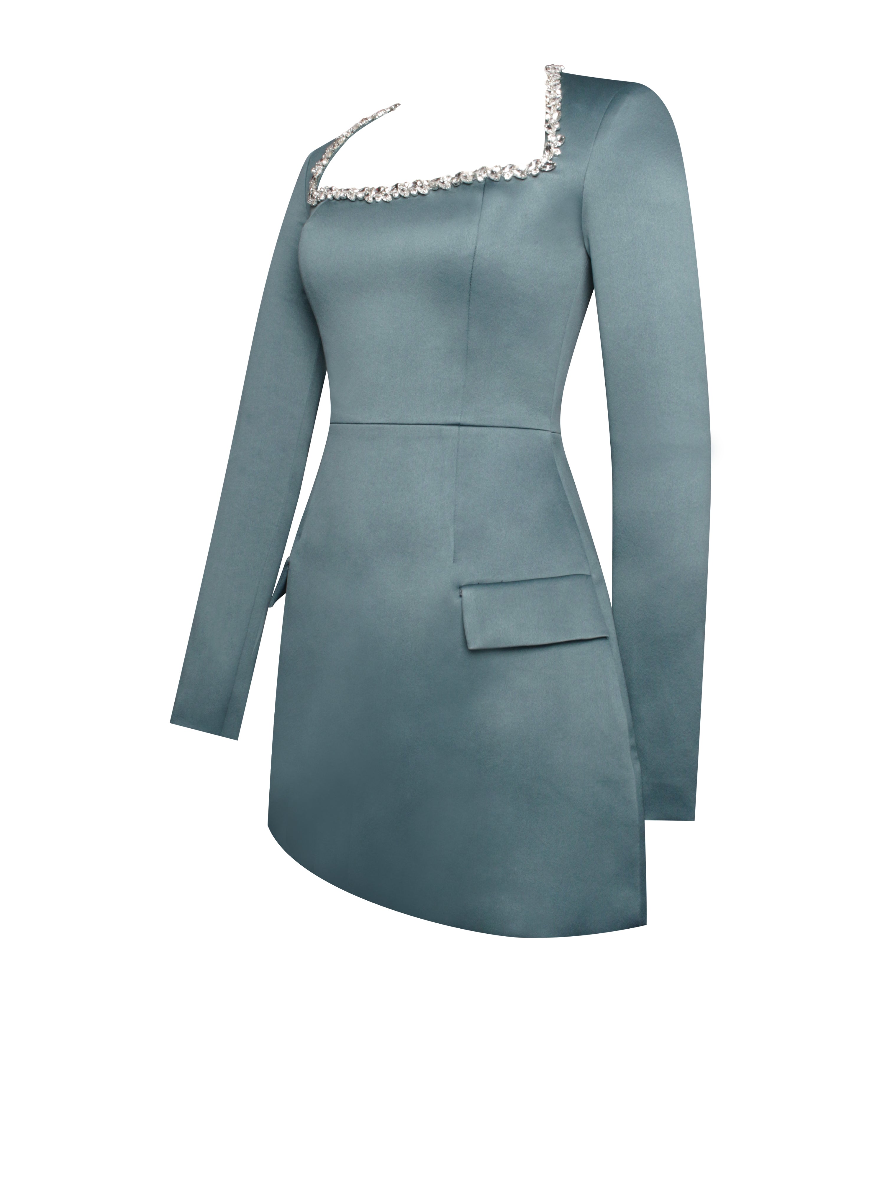 Gabella Dark Green Long Sleeve A-line Mini Dress with Crystal Trim (Archive Sale)