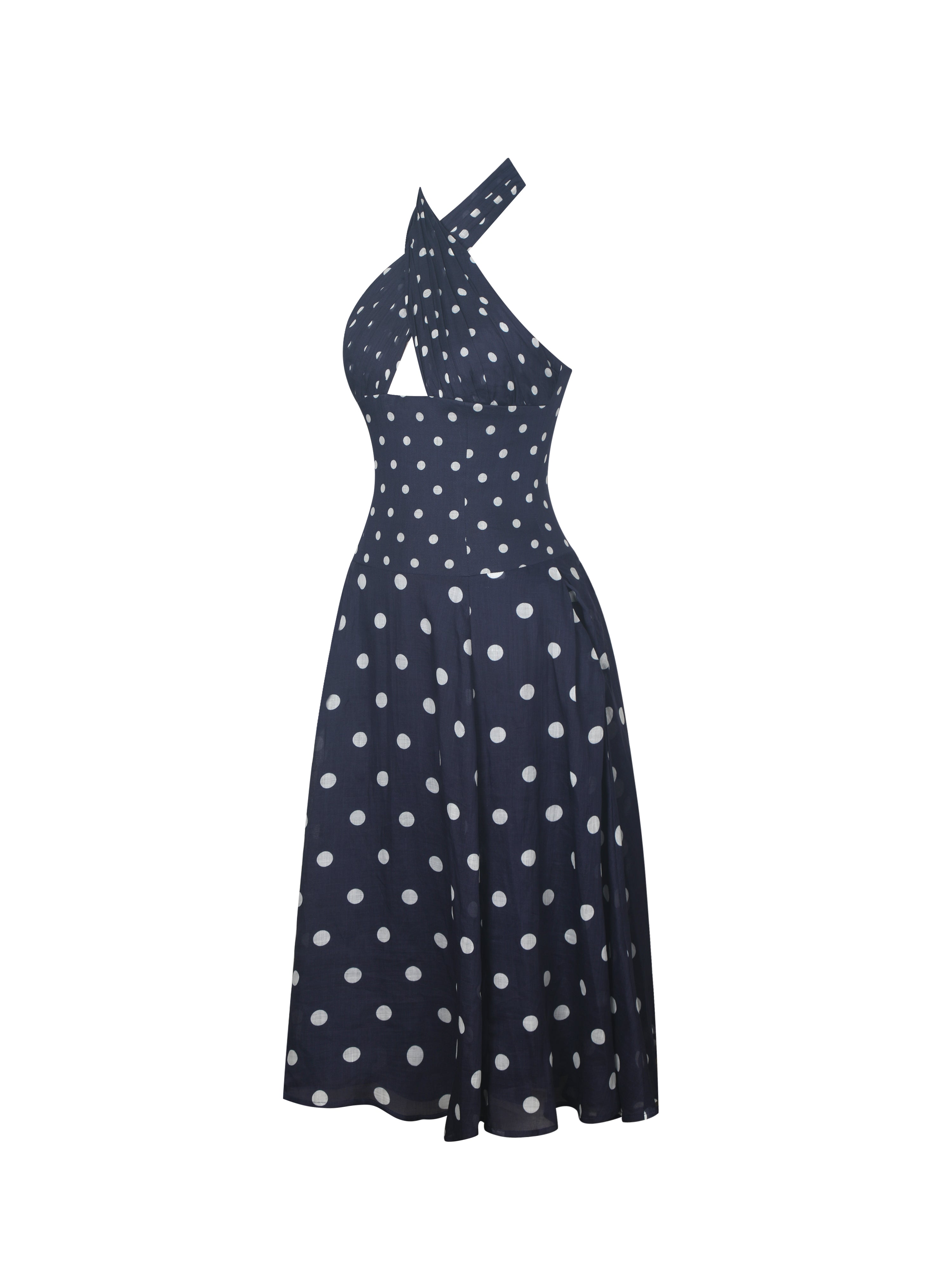 Nuri Navy Polka Dot Ramie Crossover Halter A-Line Midi Dress