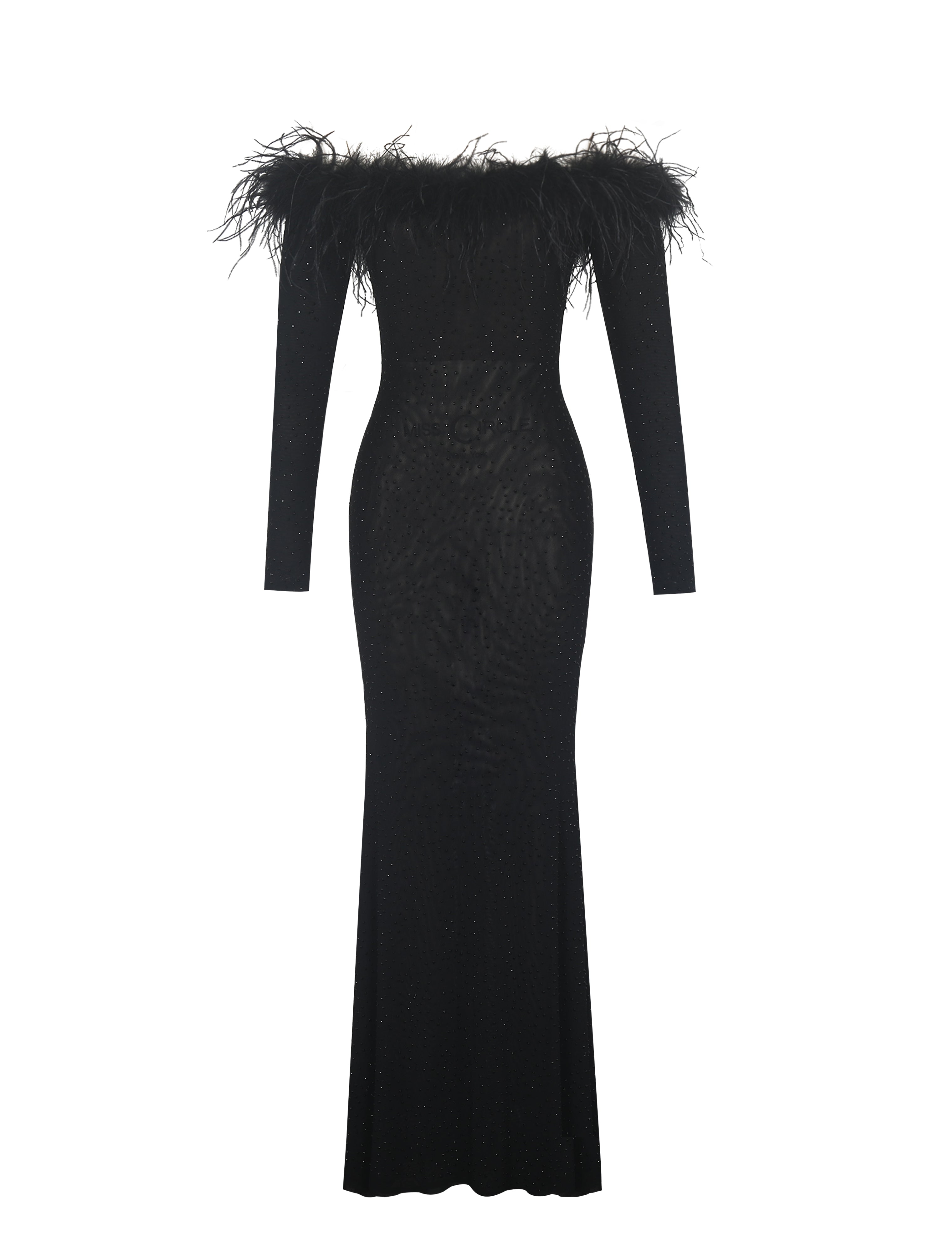 Emberly Black Fur Trimmed Off-Shoulder Rhinestone Mesh Mermaid Dress