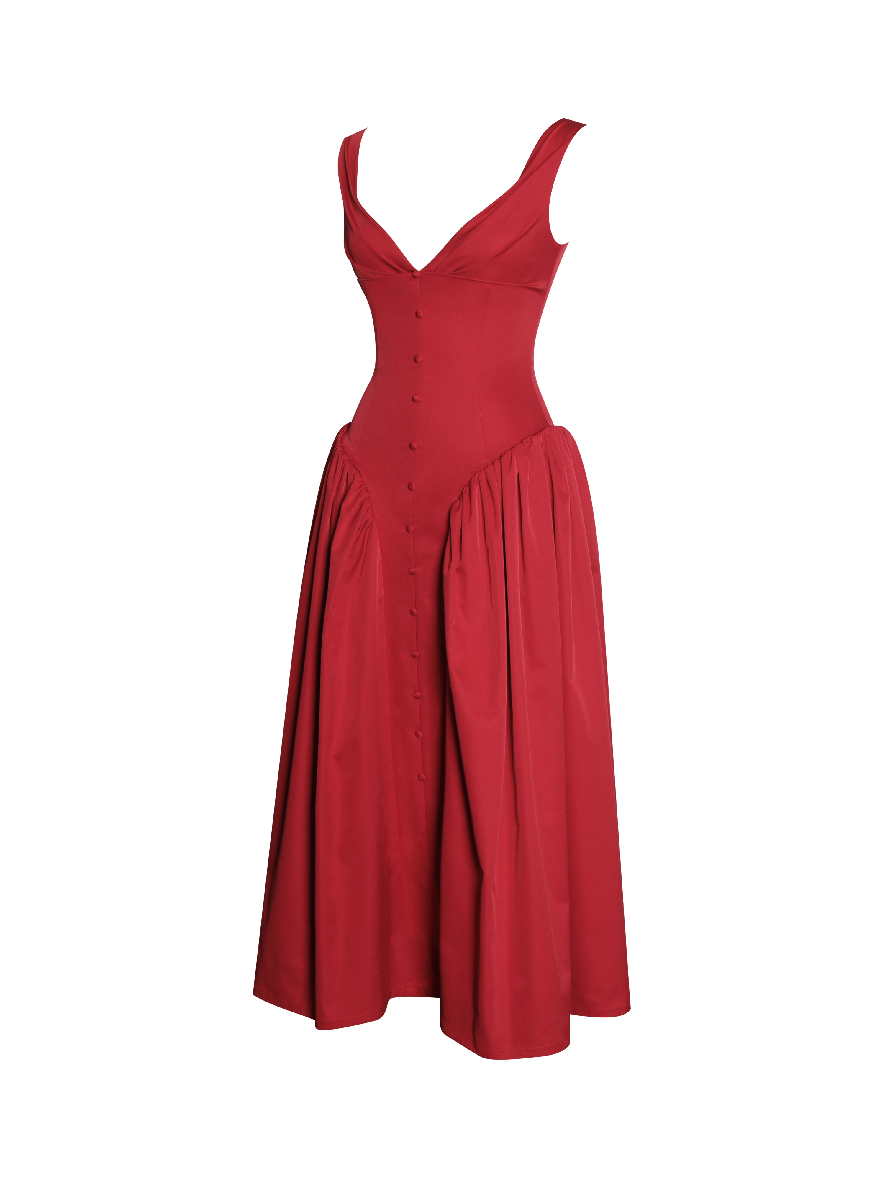 Nahla Red Drop Waist Midi Dress with Buttons