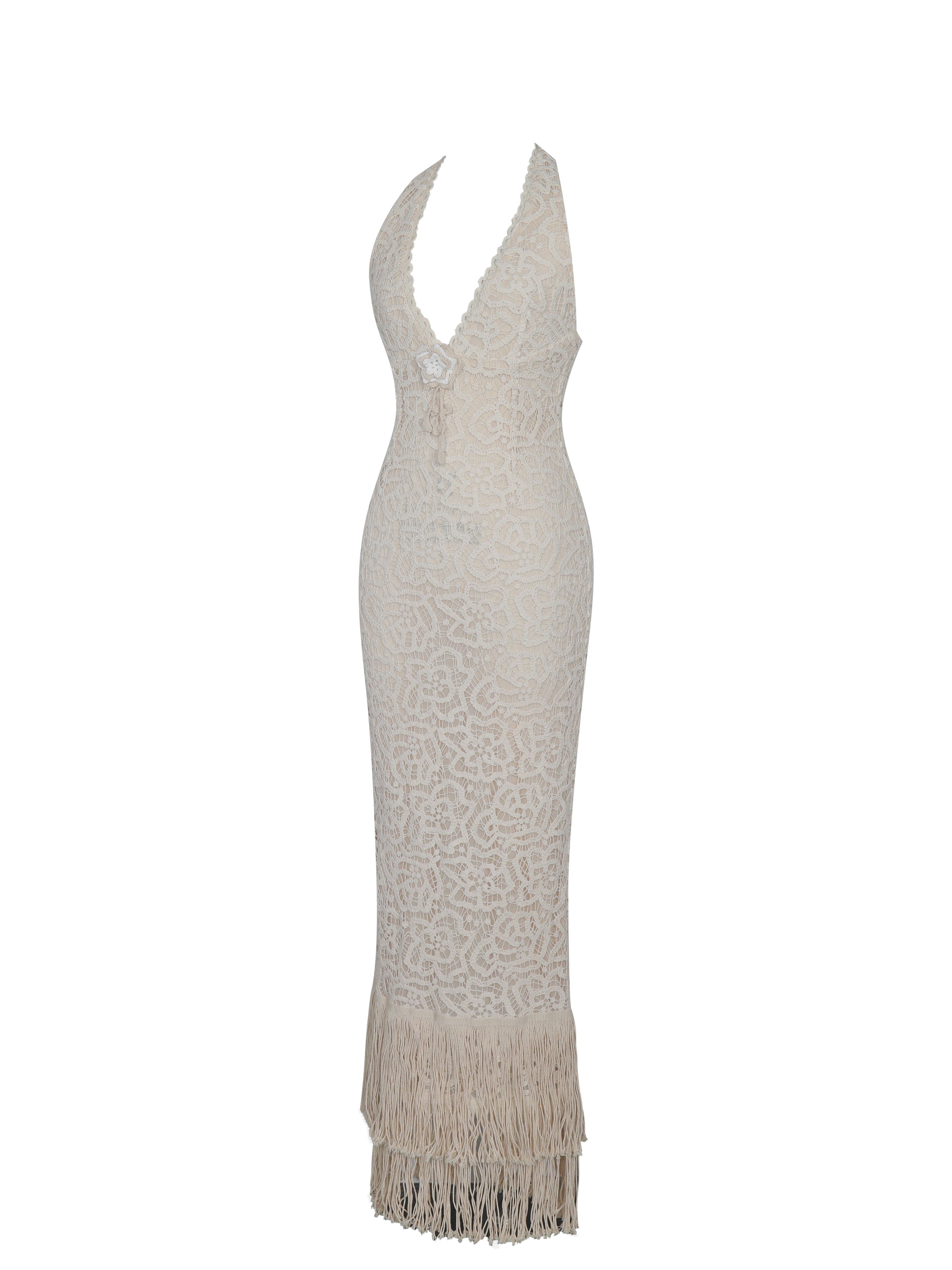 Faelyn Off-White Double Fringe Crochet Halter Maxi Dress