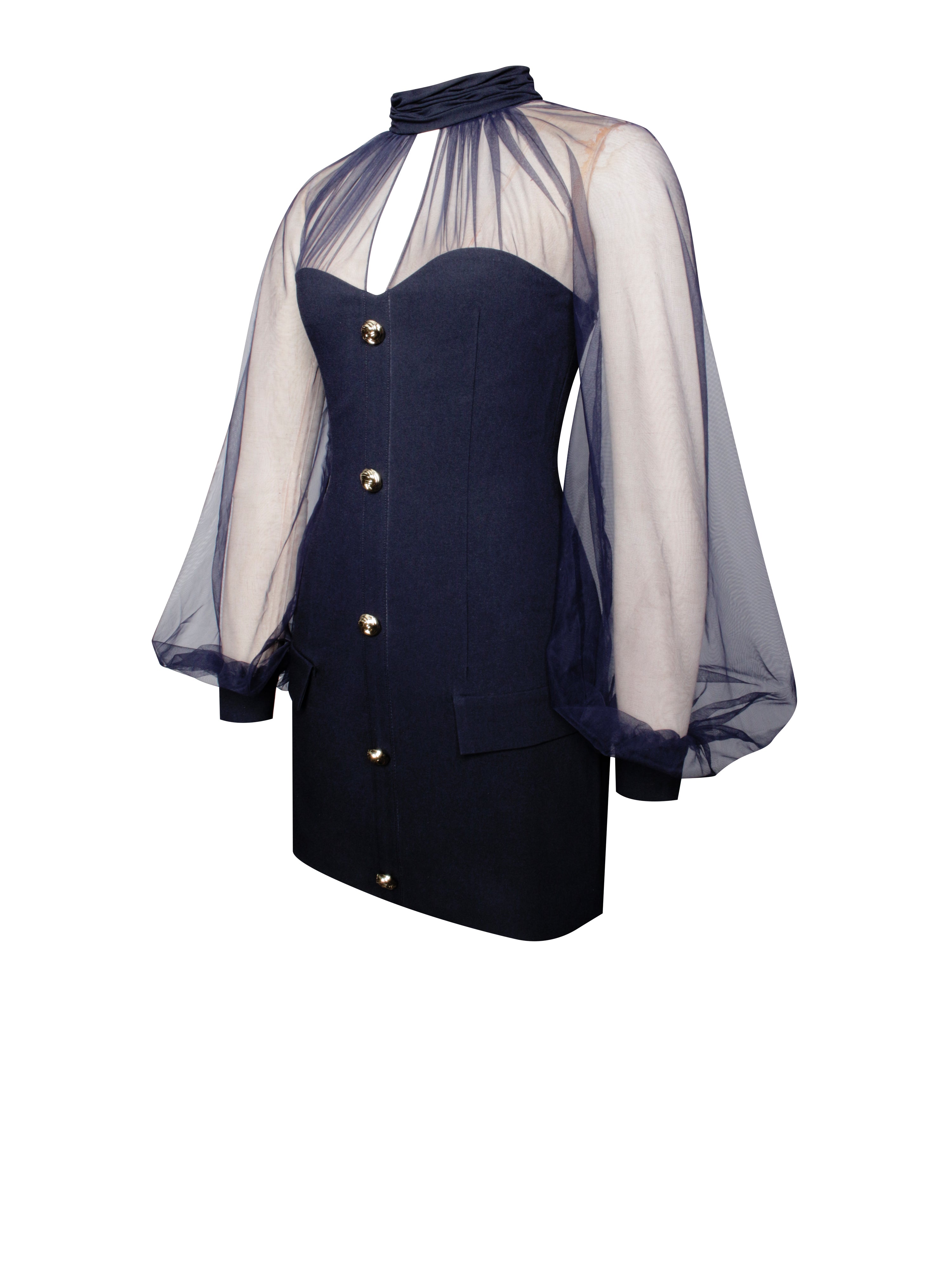 Tabitha Navy Blue Mesh Lantern Sleeve Mini Dress (Archive Sale)