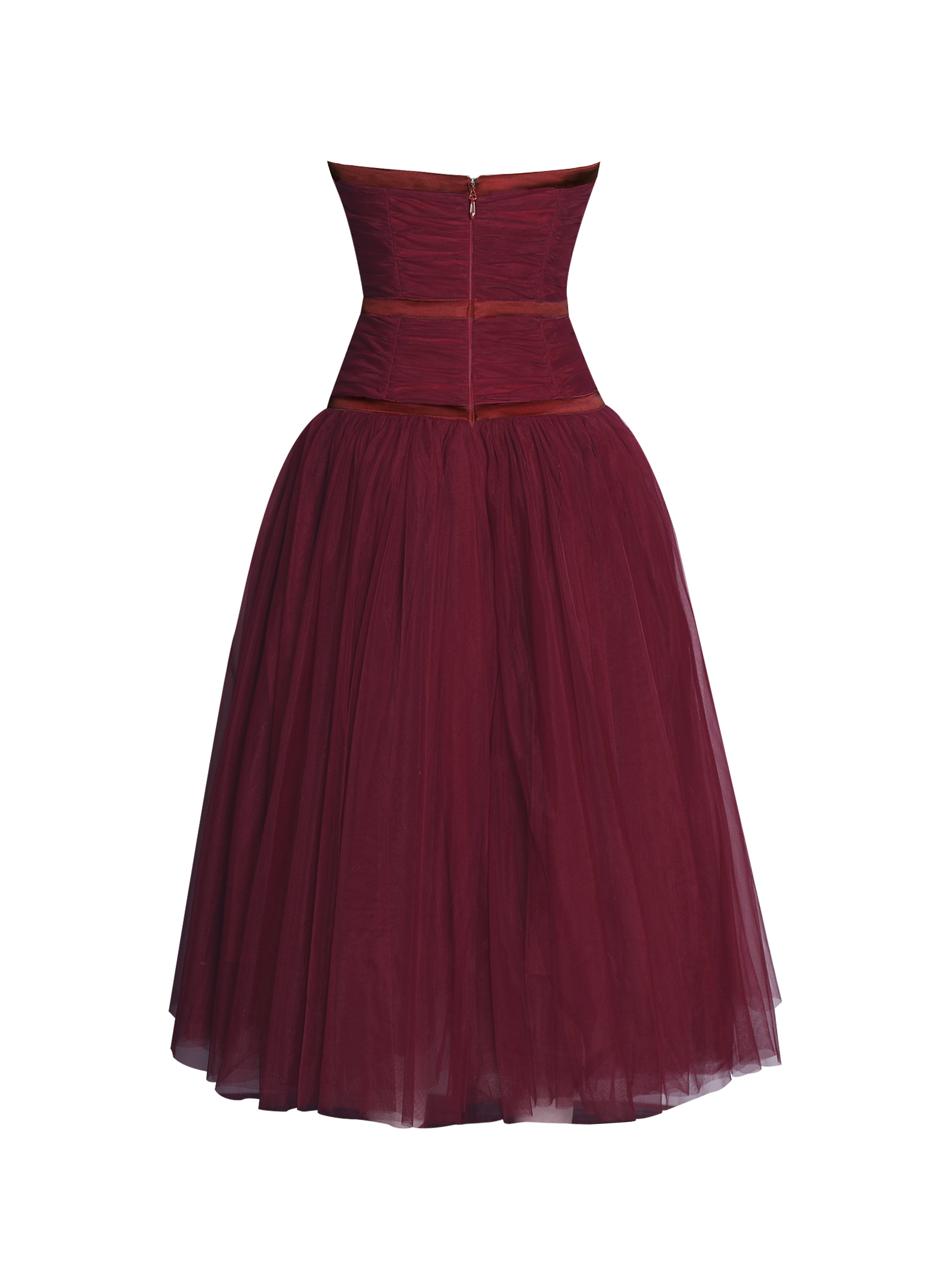 Mabel Burgundy Drop Waist Layered Mesh Midi Puffy Dress with Bow