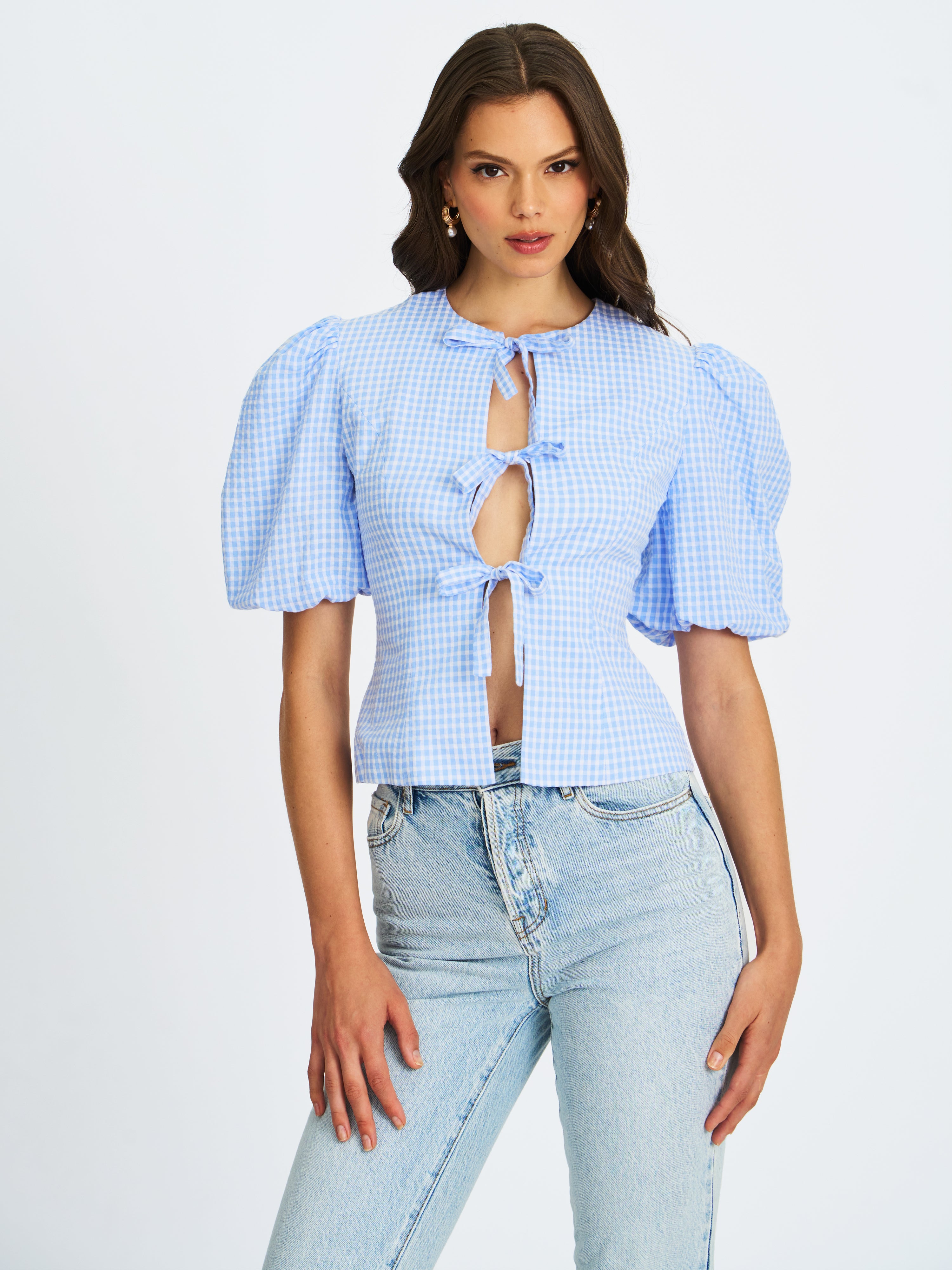 Qusayla Baby Blue Gingham Bubble Sleeve Bowtie Top